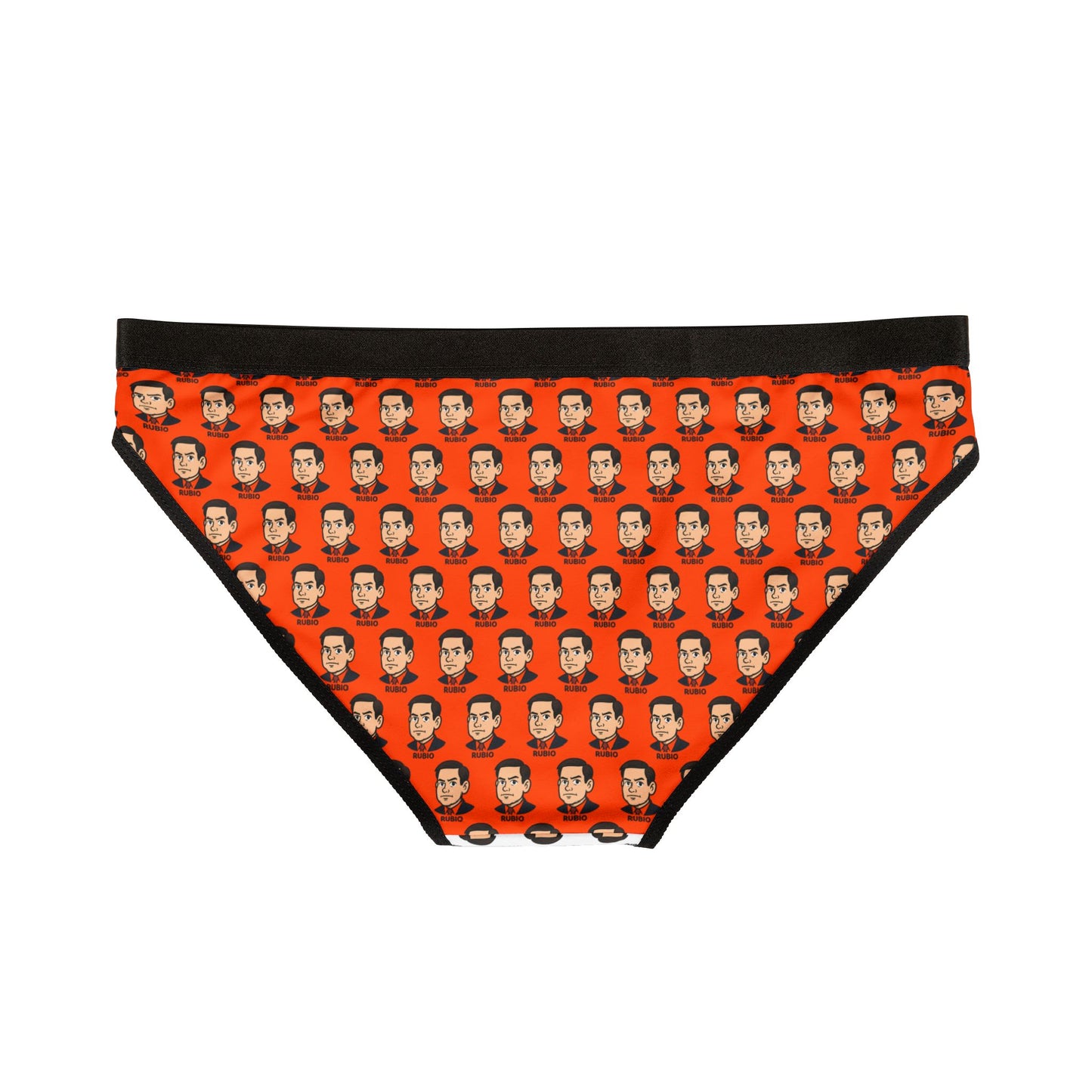 Back view of orange panties with repeated Marco Rubio face pattern and black trim