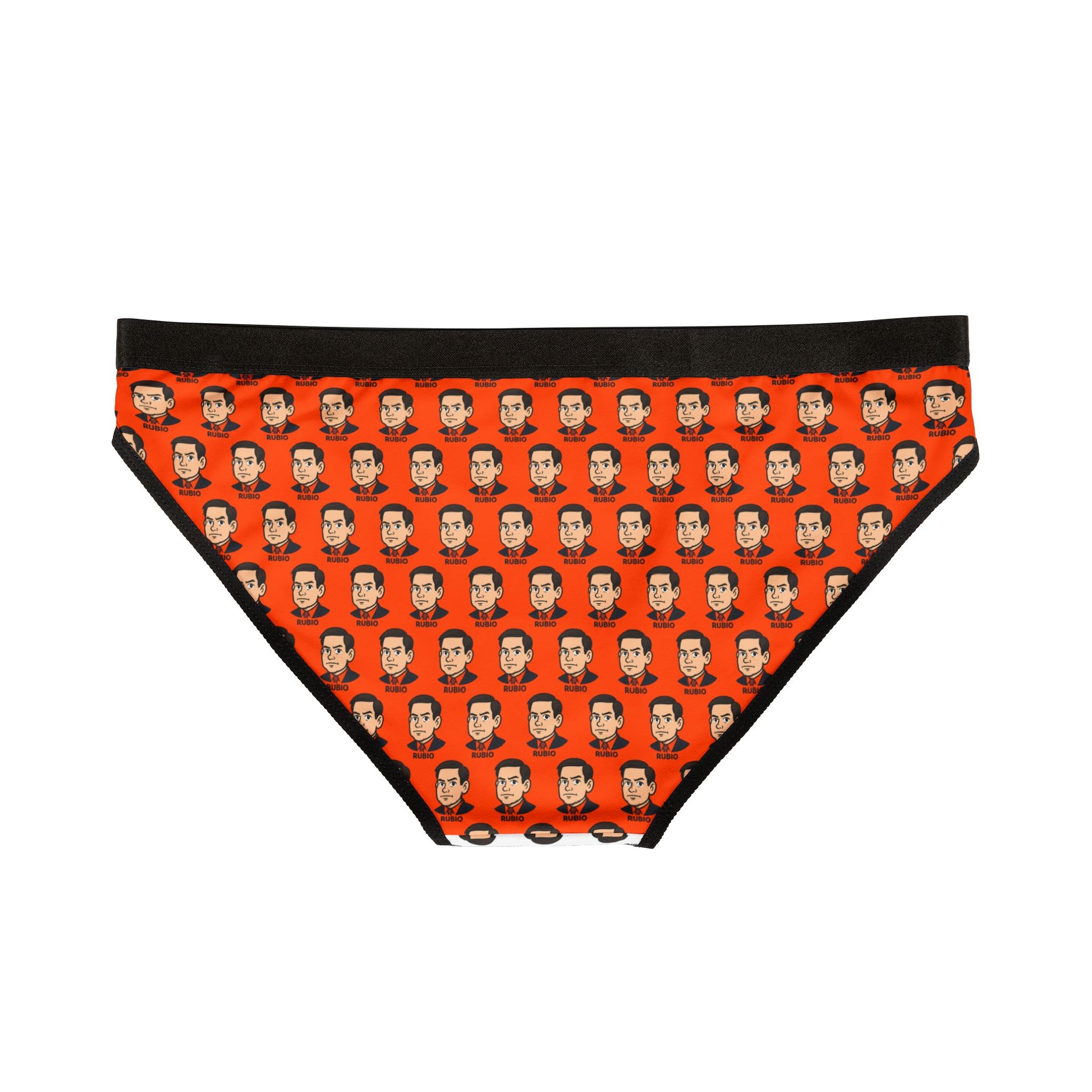 Back view of orange panties with repeated Marco Rubio face pattern and black trim