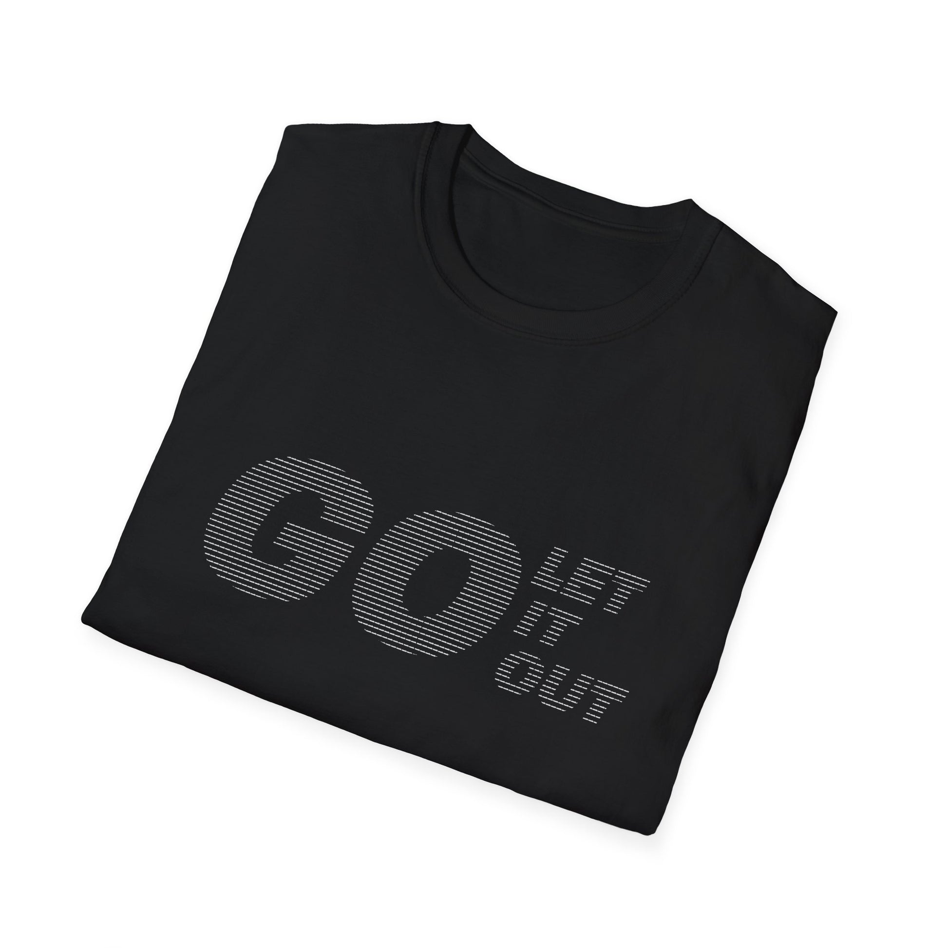 Folded black Oasis Go Let It Out stencil t-shirt with stencil design.