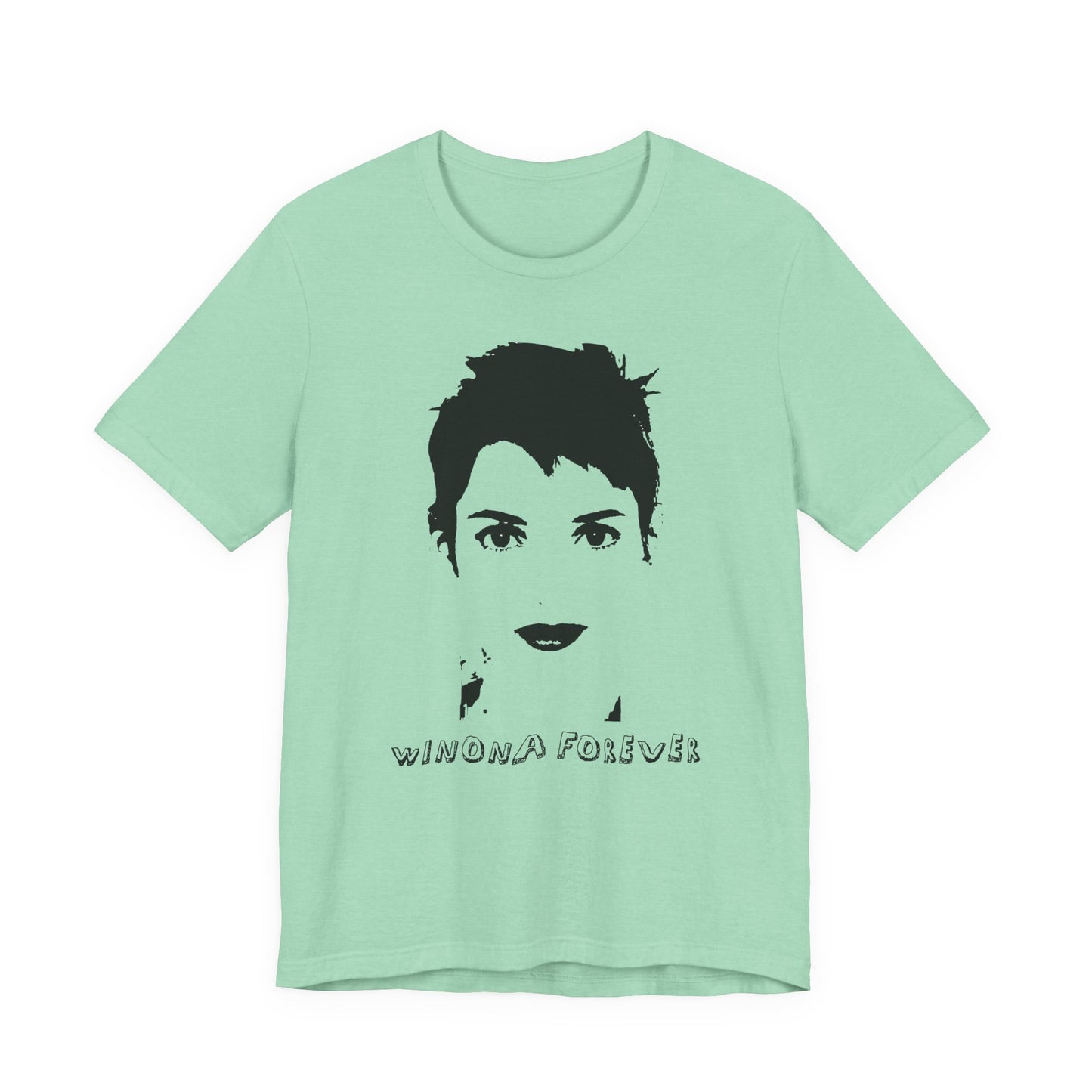 Mint green t-shirt with black graphic and 'Winona Forever' text on a white background