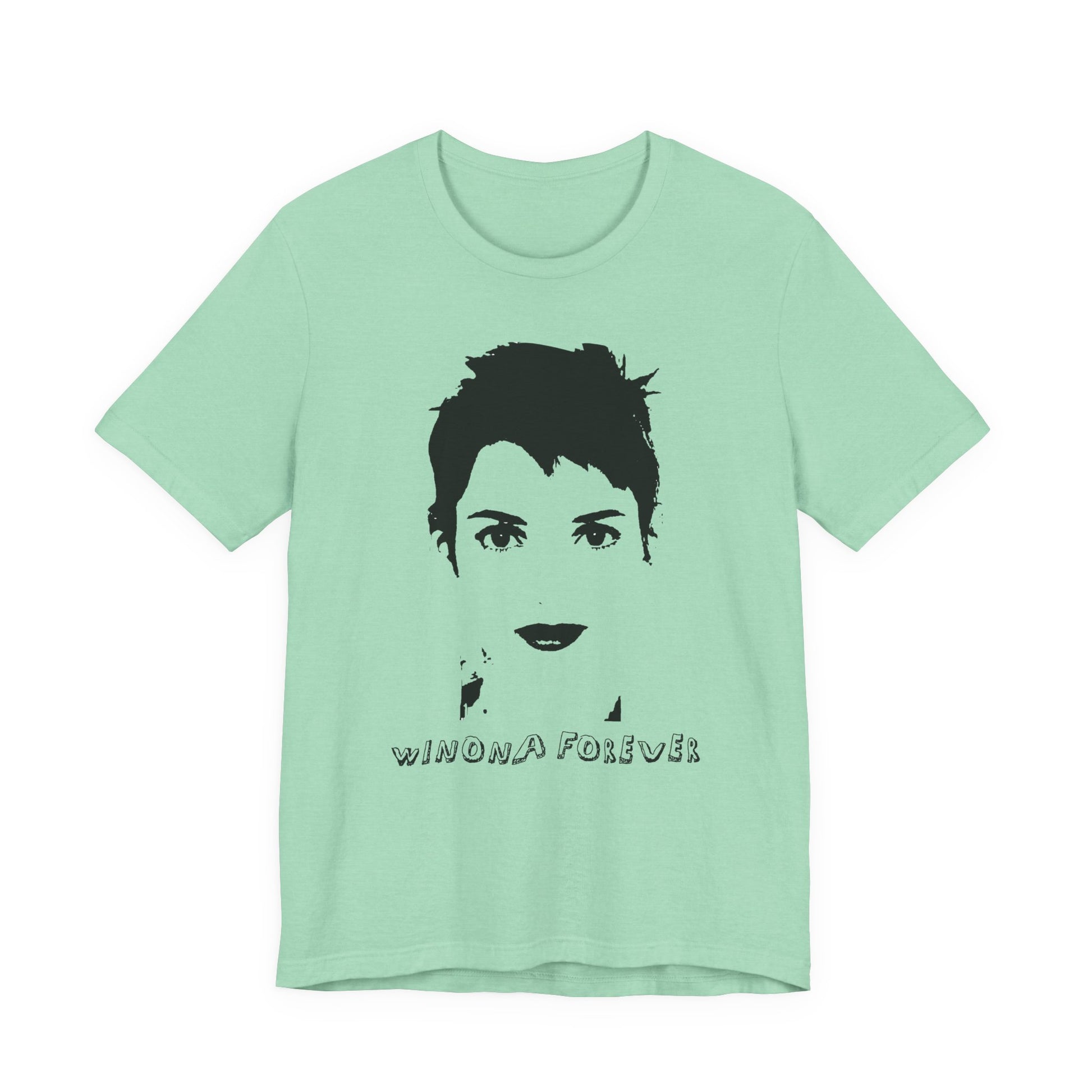 Mint green t-shirt with black graphic and 'Winona Forever' text on a white background