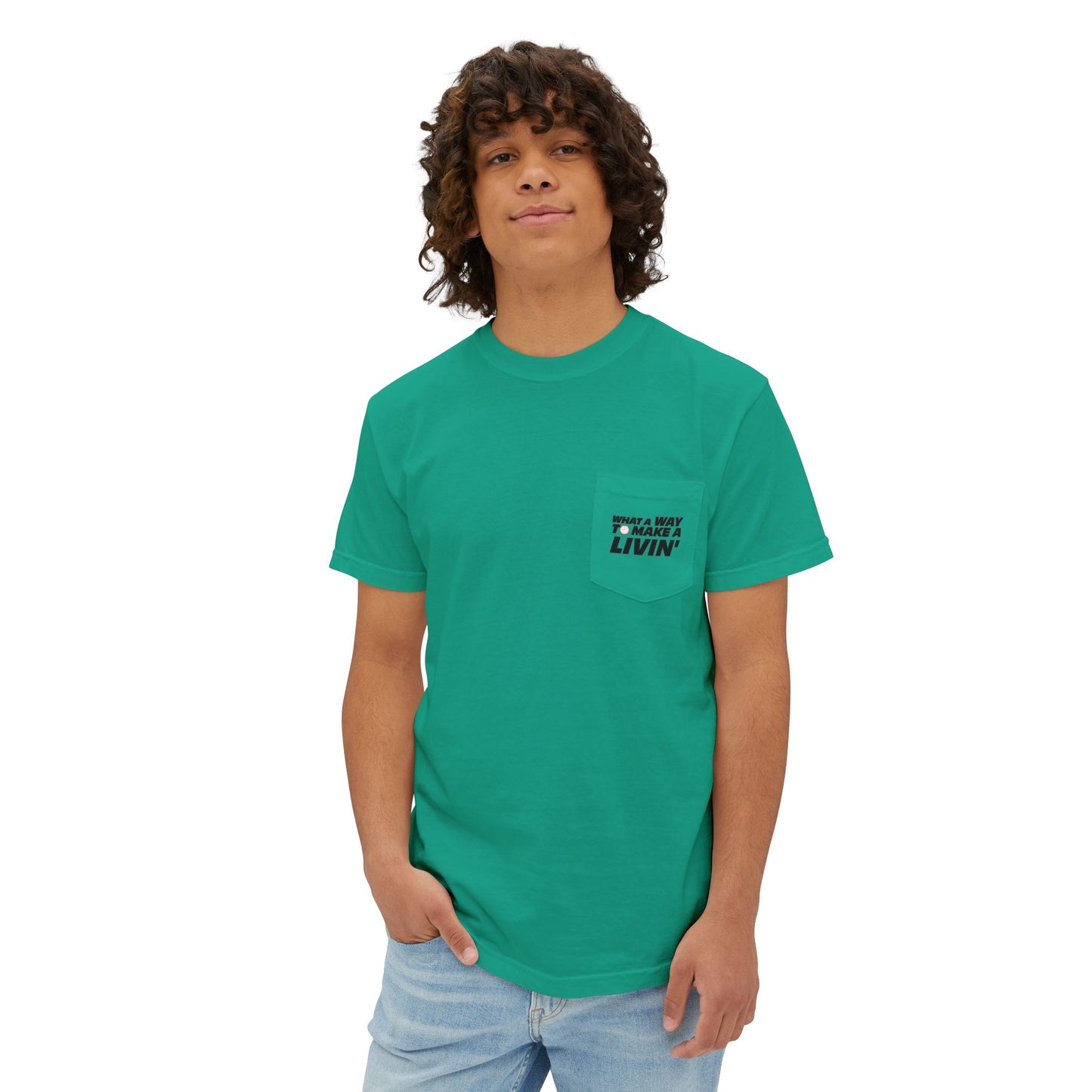 Model wearing Island Green 9 to 5 pocket t-shirt in studio