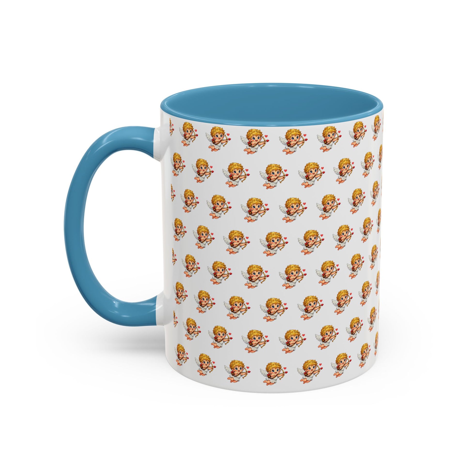 Mug with blue handle and interior, featuring a pattern of cartoon characters on a white background