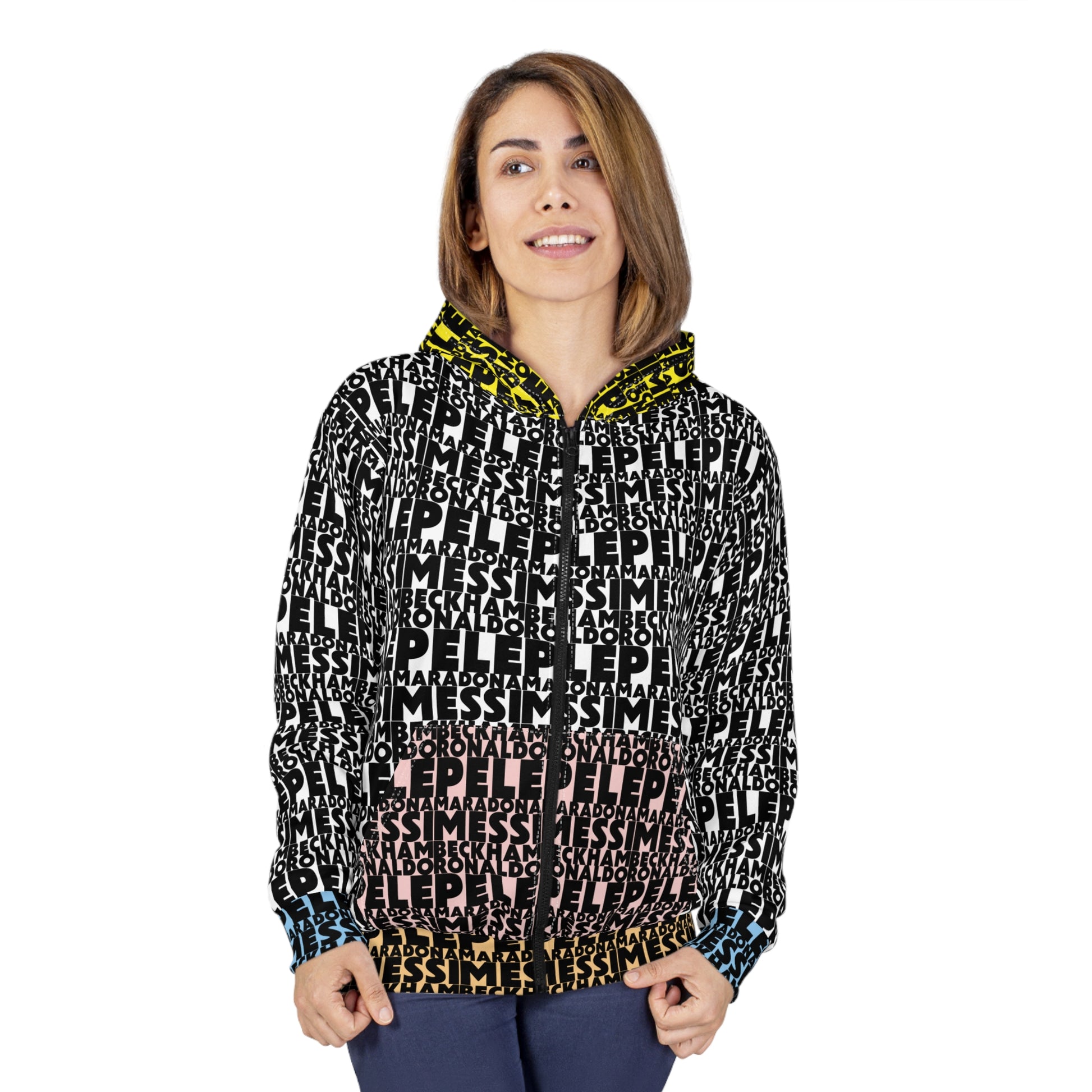Female model wearing soccer legends zip hoodie featuring Messi Ronaldo Maradona Beckham Pele football typography print