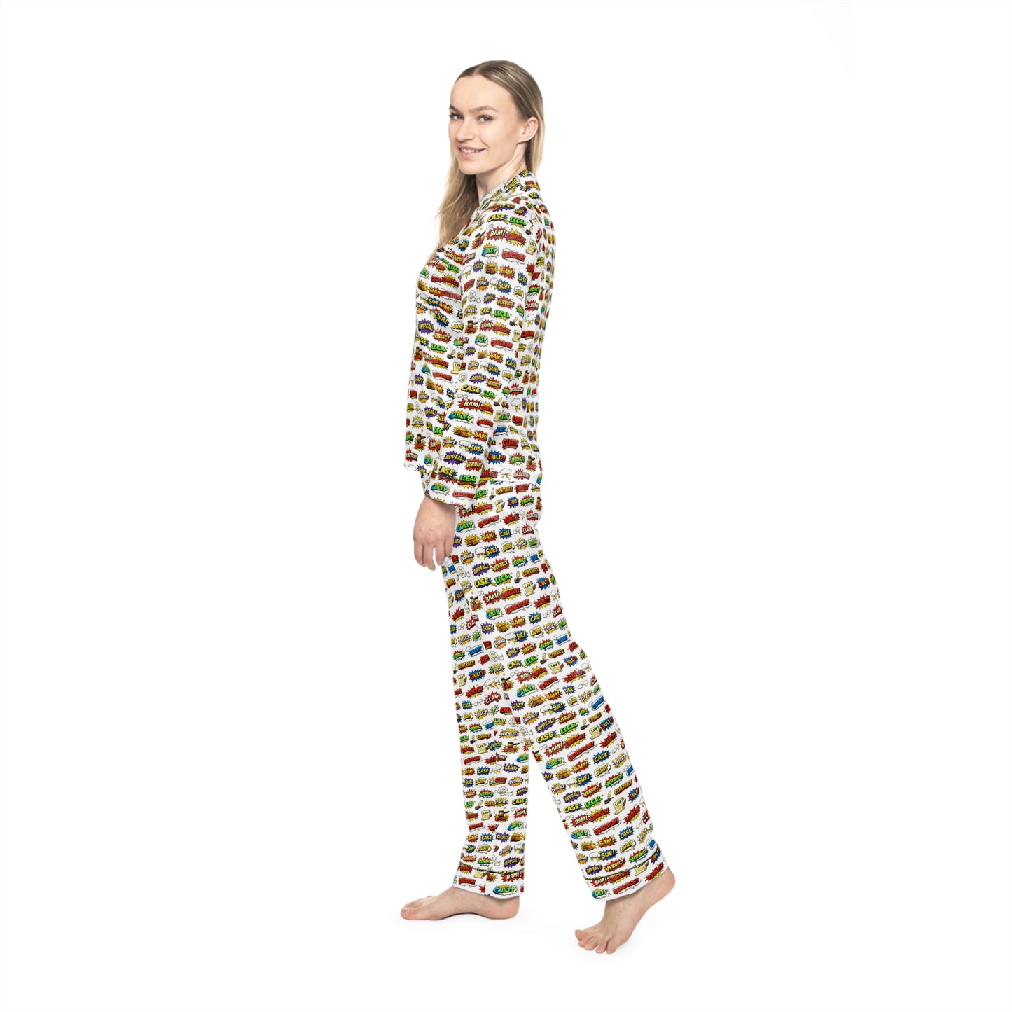 Woman wearing a colorful pajama set with a pattern on a white background