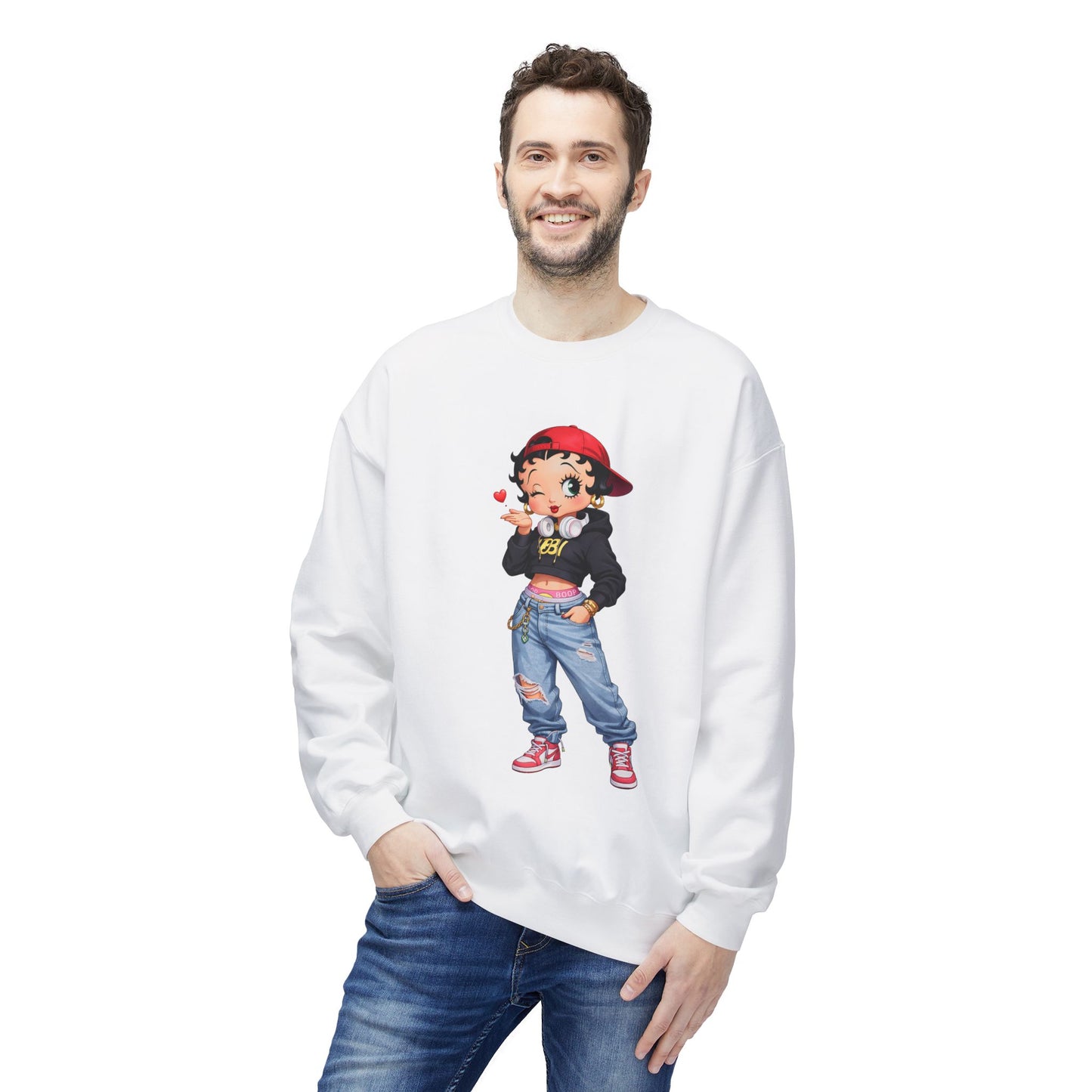 female model wearing betty boop cartoon white crewneck sweatshirt