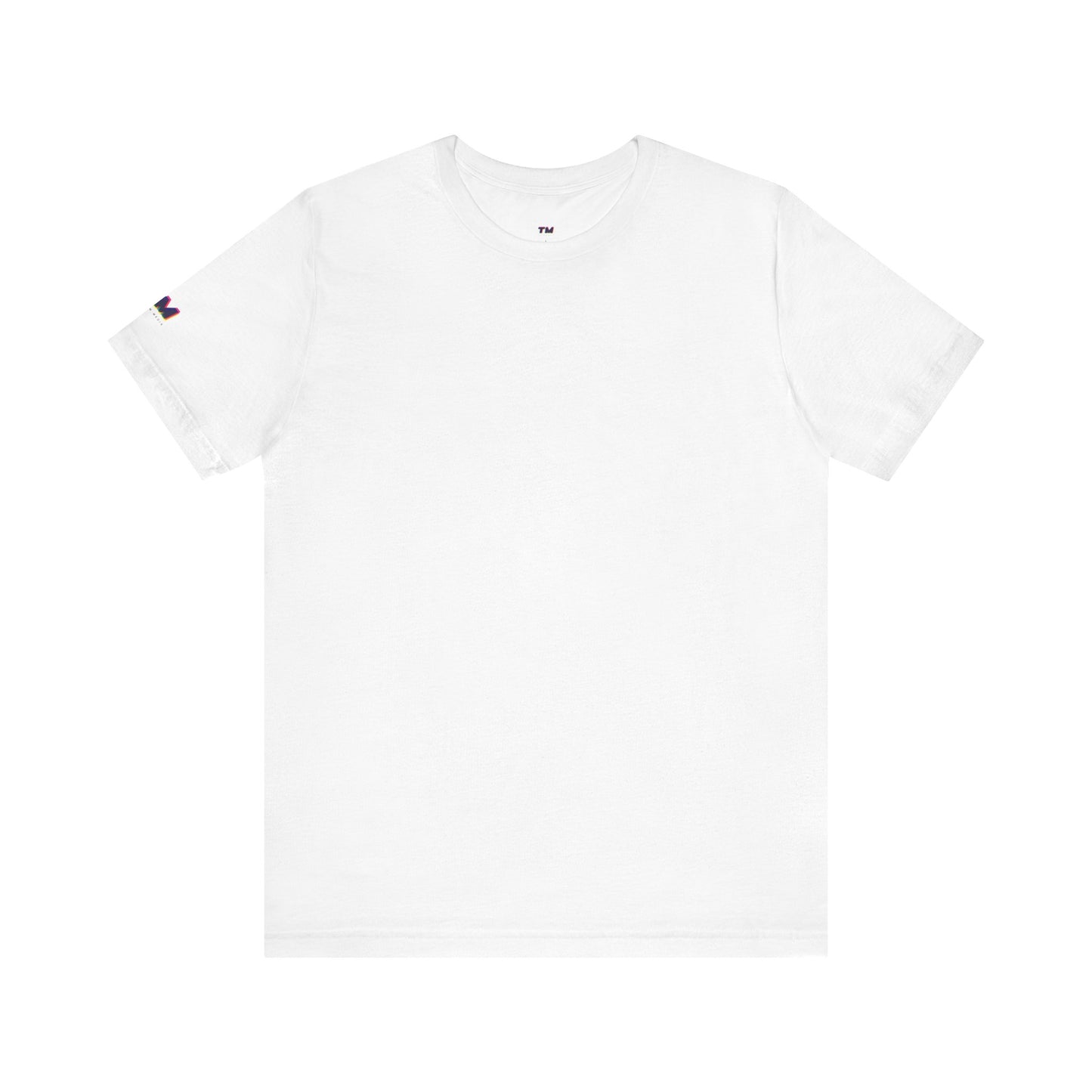 White t-shirt with a small logo on the chest against a white background