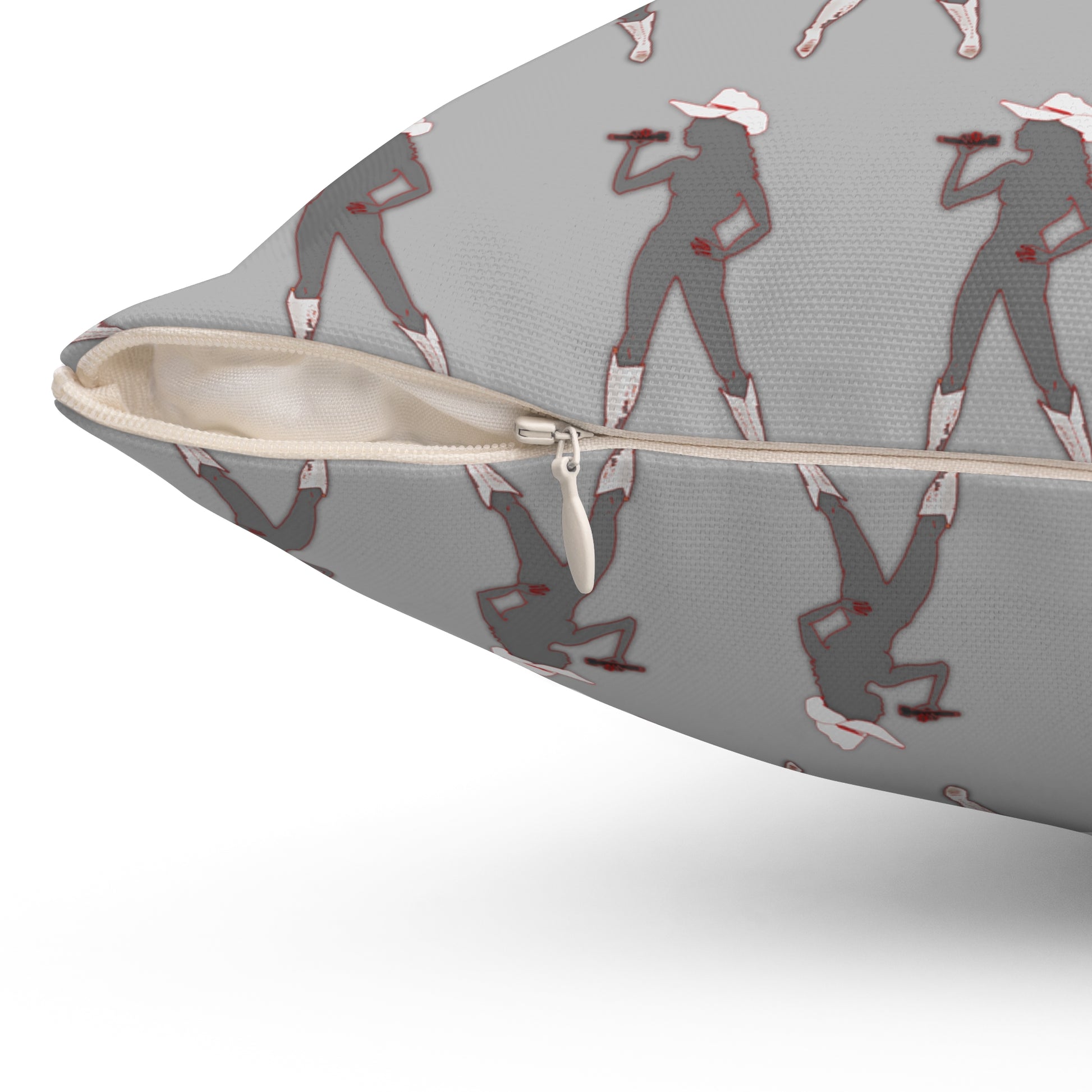 Pillow with a pattern of a woman playing an instrument on a gray background