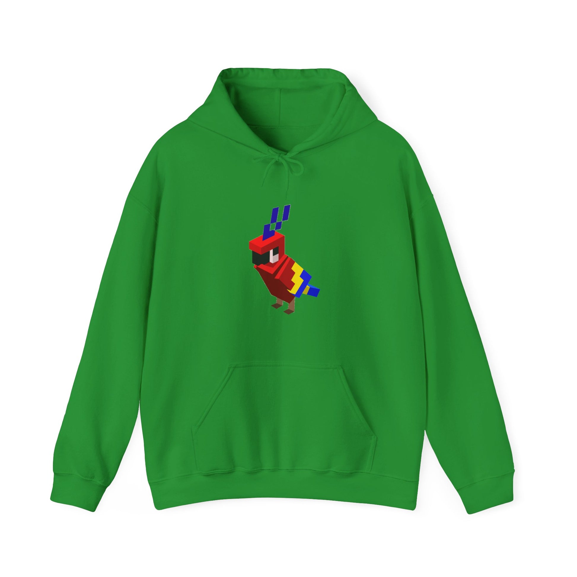 Arcade Parrot Hooded Sweatshirt – Retro Gaming Hoodie in green, front view