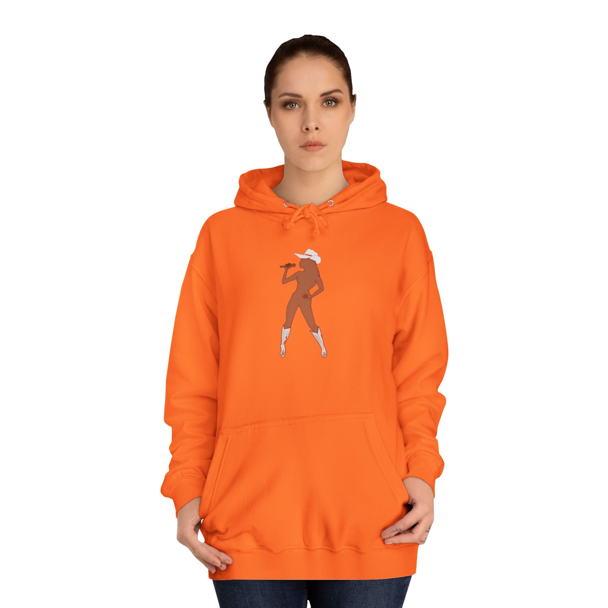 Orange Bey Country Hoodie on female model alternate front pose studio.