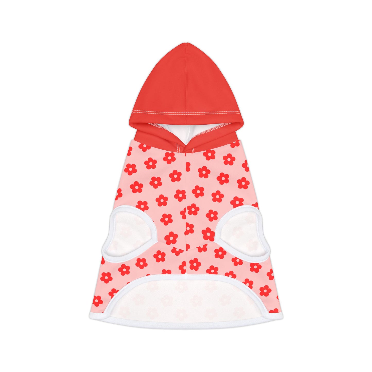 Pink and red floral dog hoodie front view with red hood