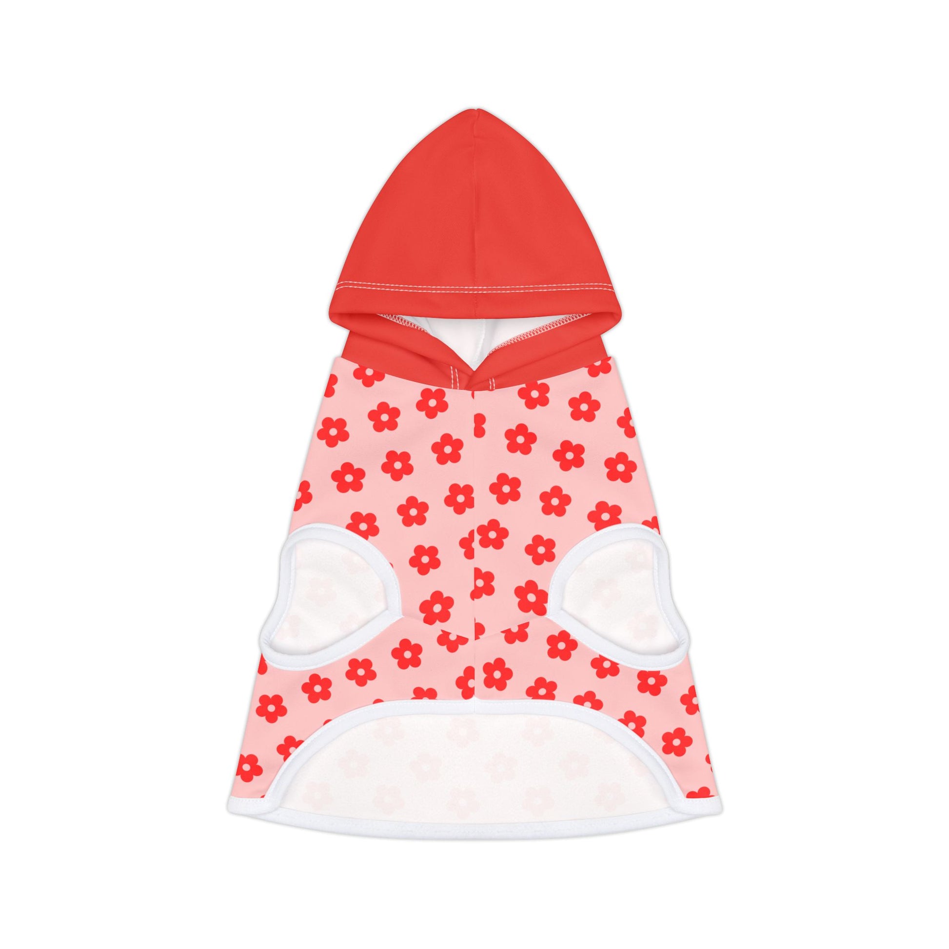 Pink and red floral dog hoodie front view with red hood