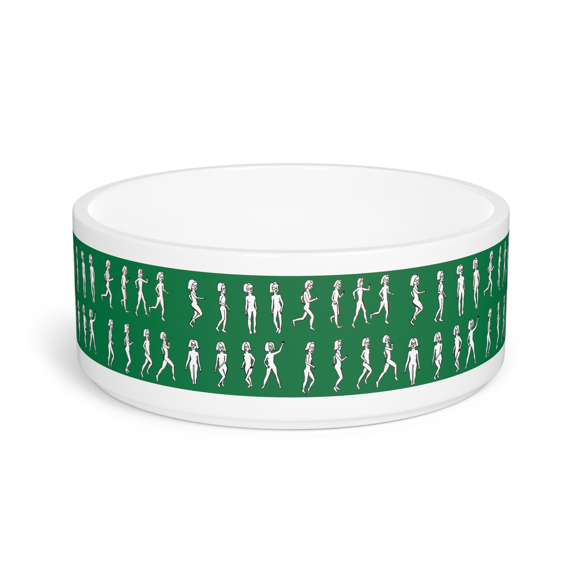 Green Running Out ceramic pet bowl with original artwork side view