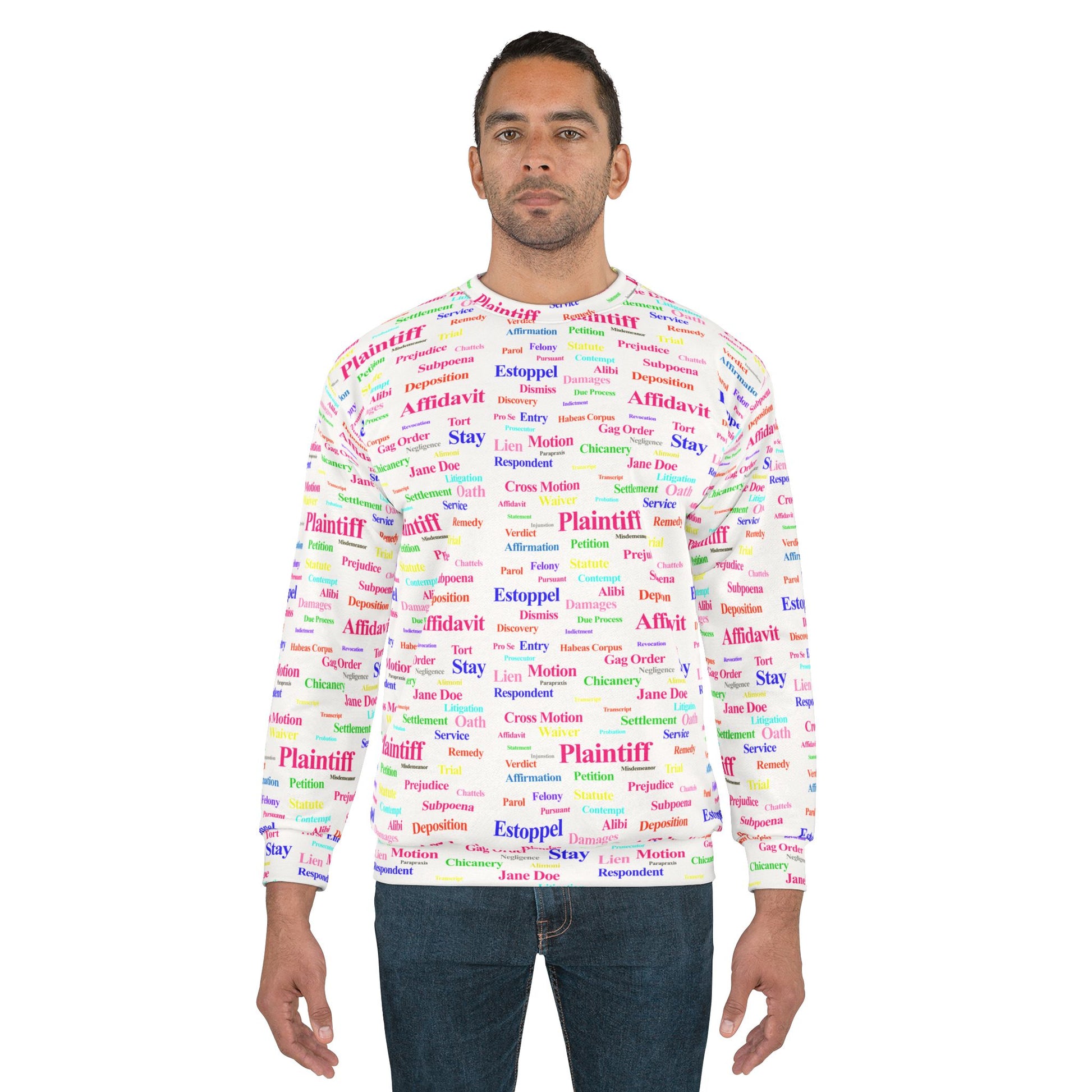 Male model wearing Legalese Sweatshirt unisex crew neck with vibrant legal terms design.