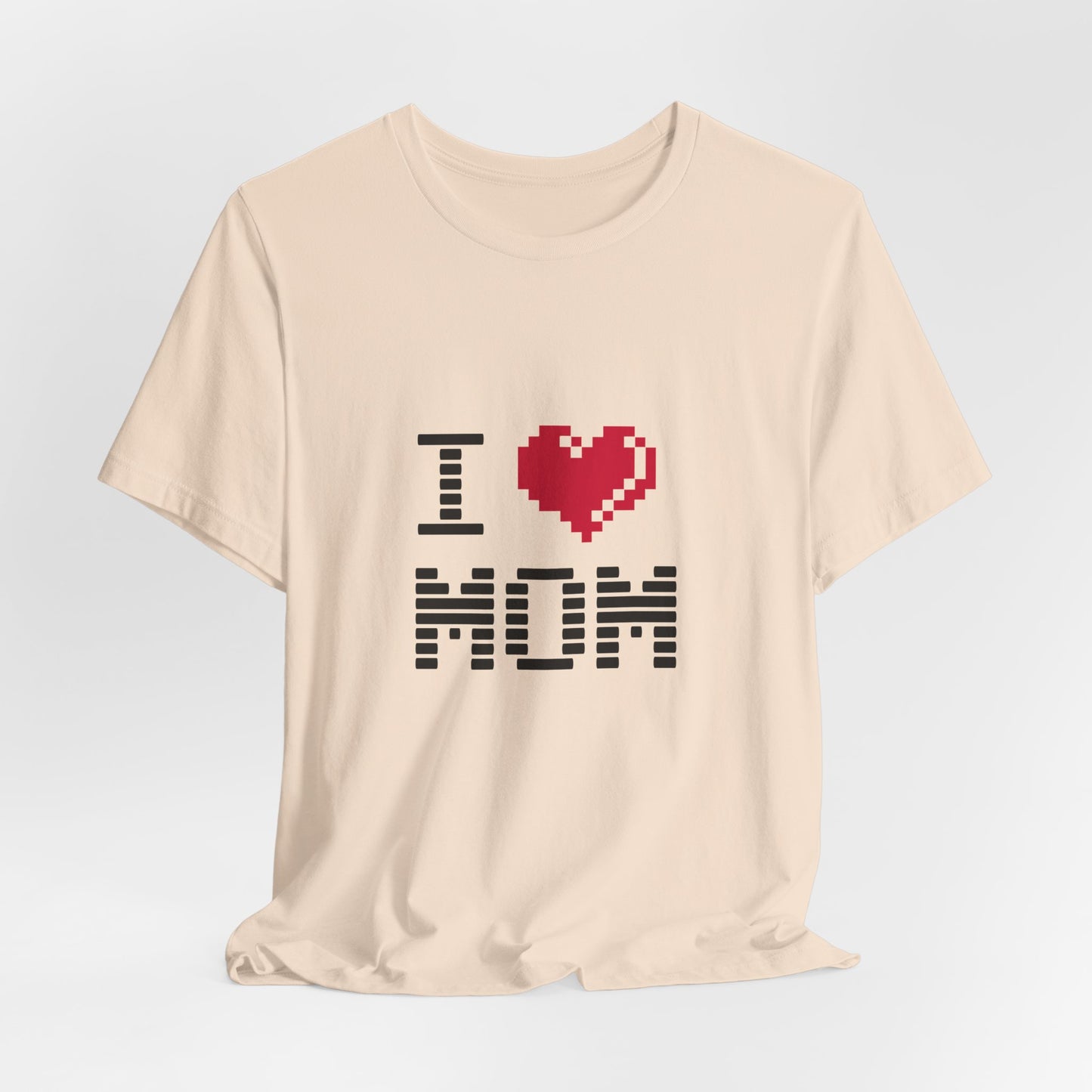 Beige I Love Mom Pixel Tee laid flat for display