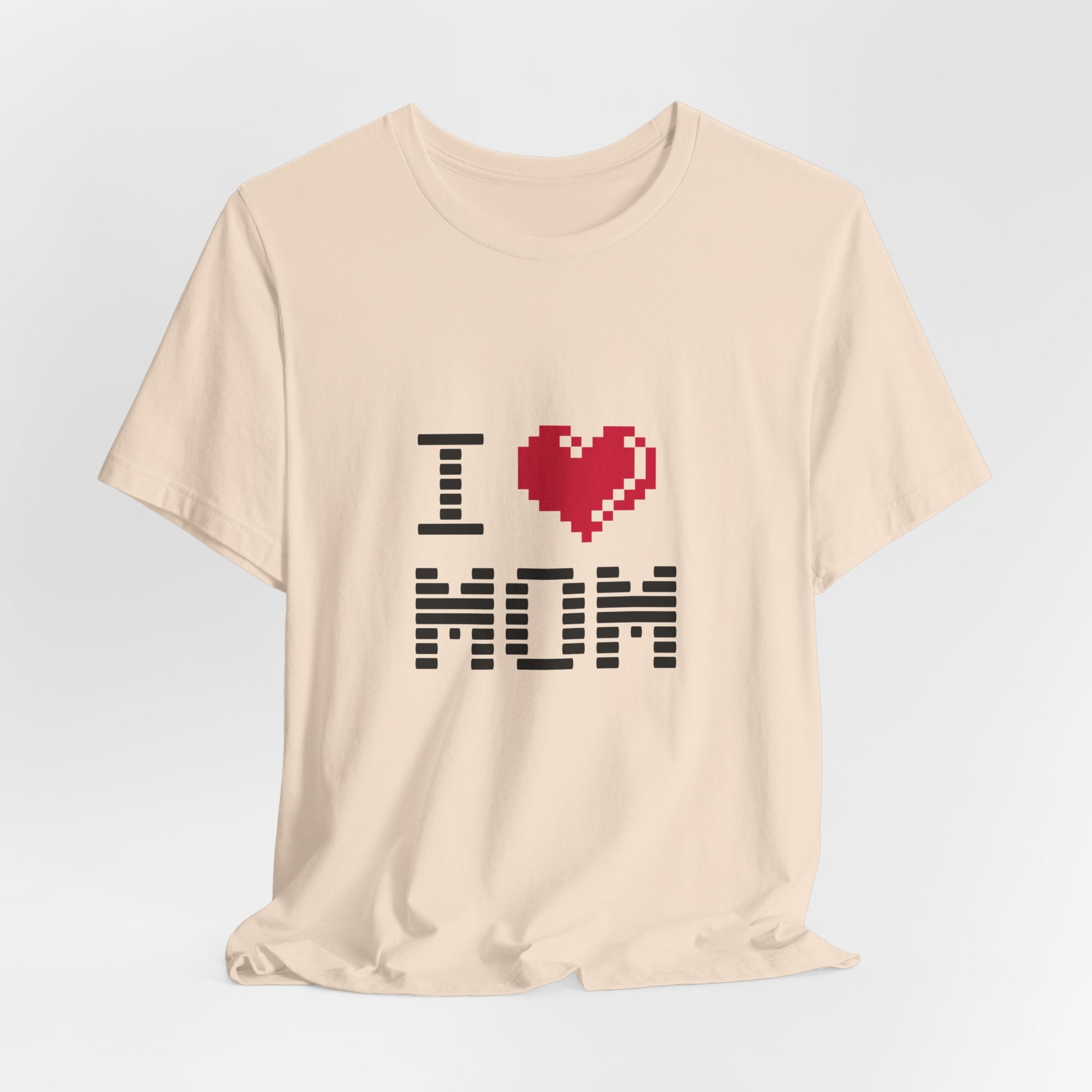 Beige I Love Mom Pixel Tee laid flat for display