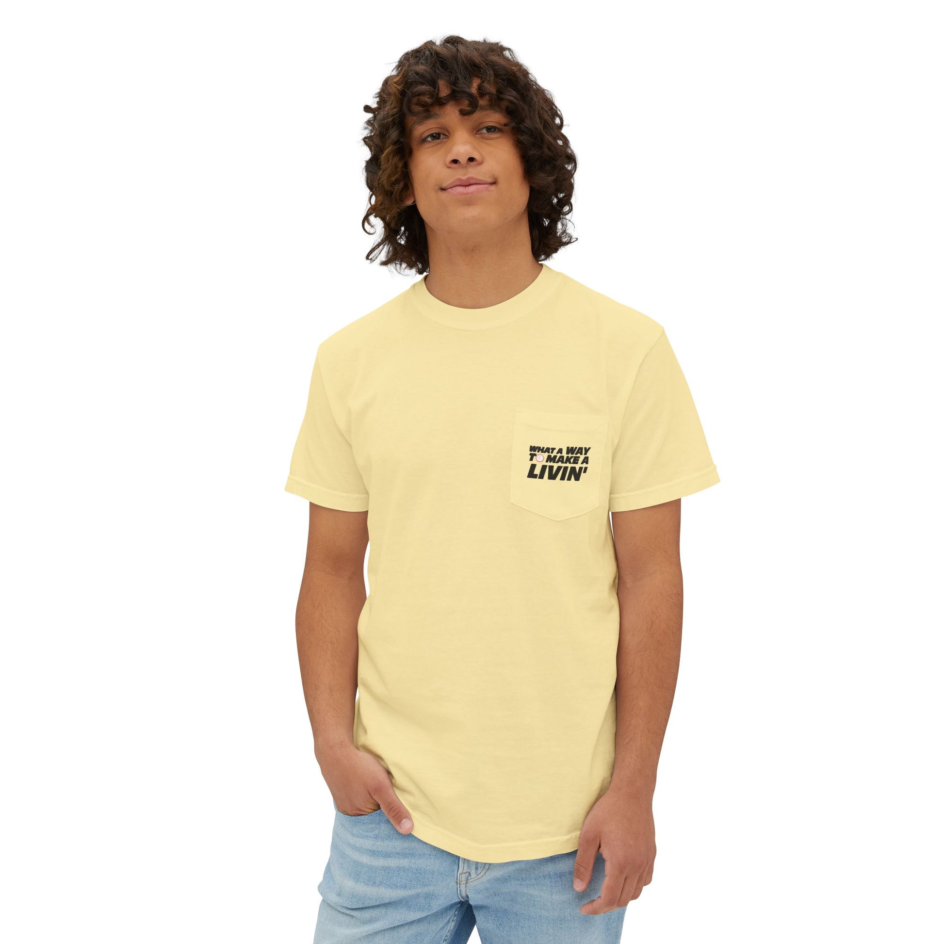 Model wearing Butter 9 to 5 pocket t-shirt in studio