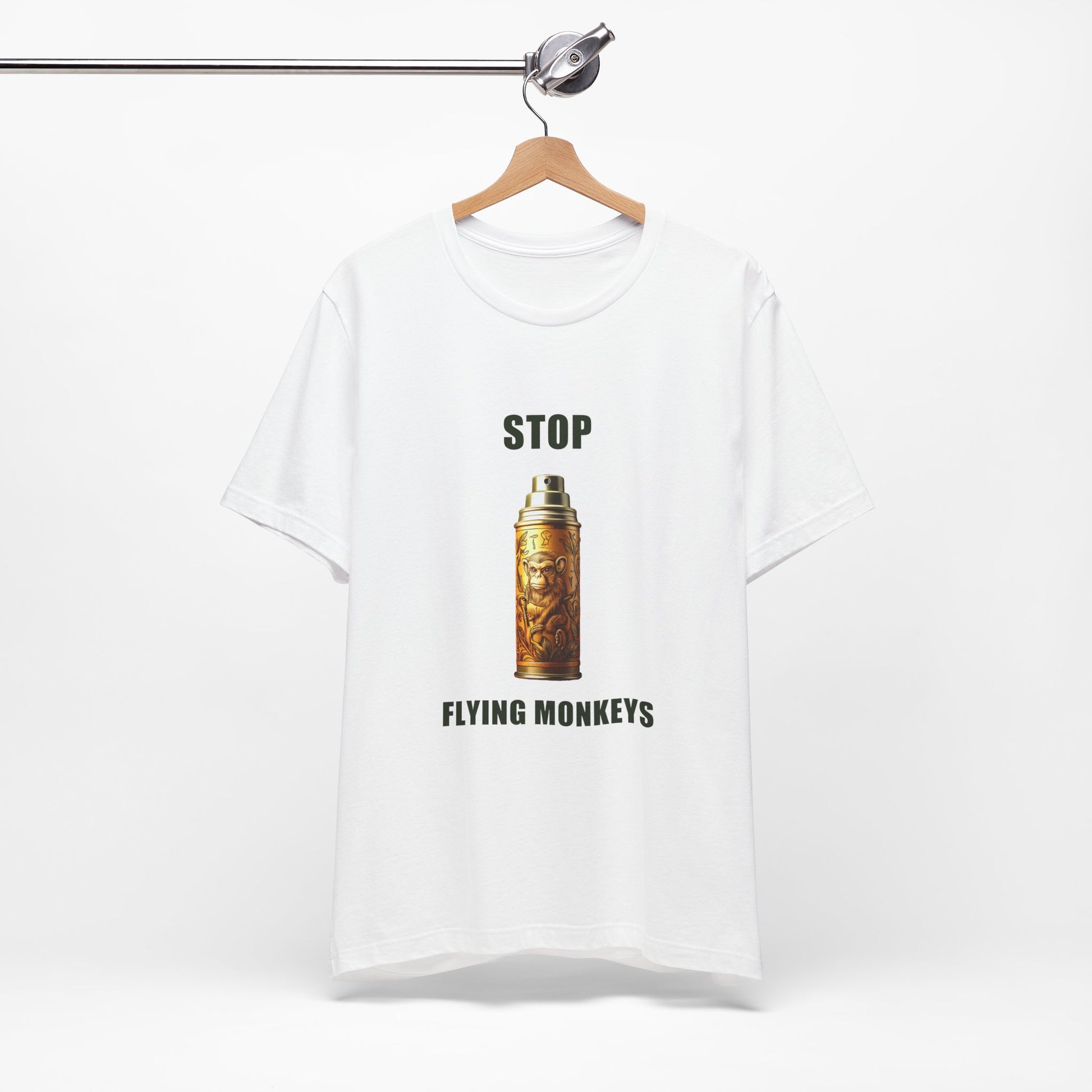 White Stop Flying Monkeys T-Shirt Alternate Version on hanger plain background
