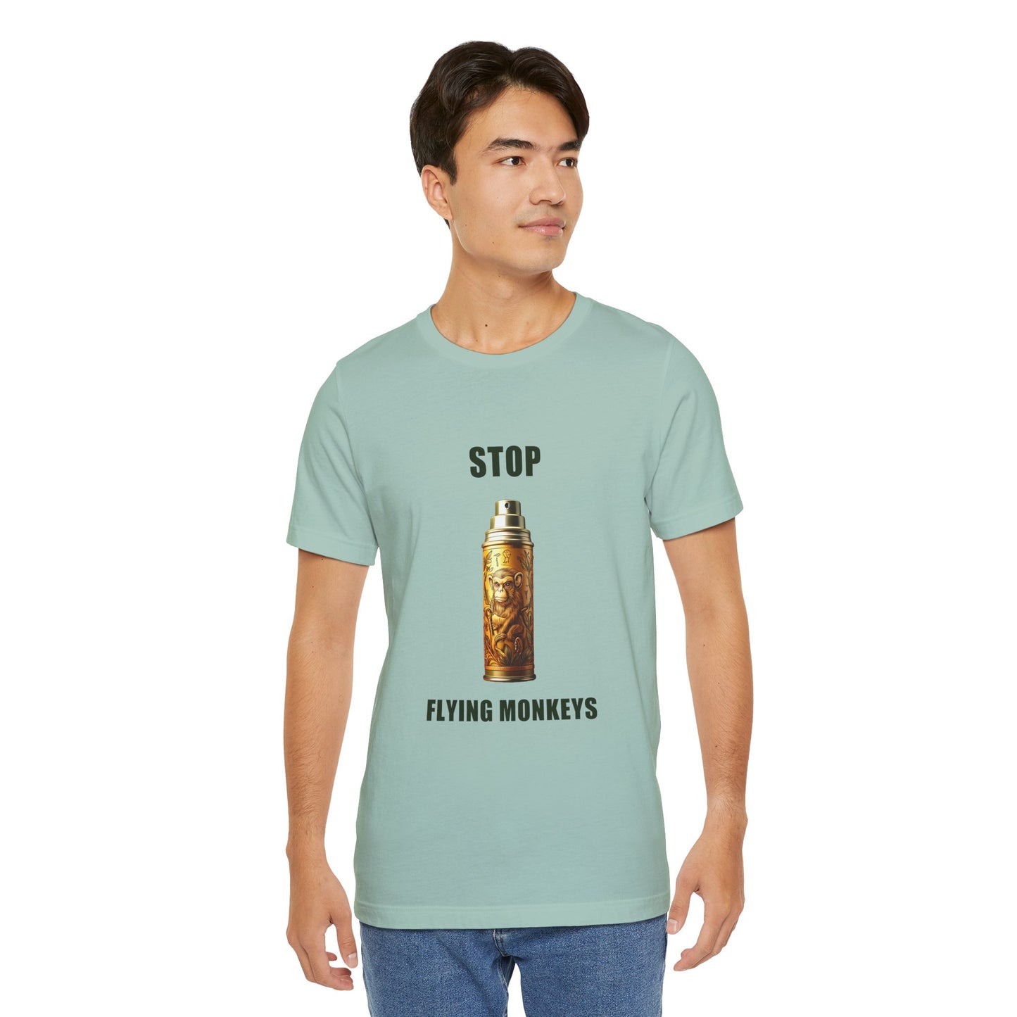 Man wearing green Stop Flying Monkeys T-Shirt Alternate Version casual front view