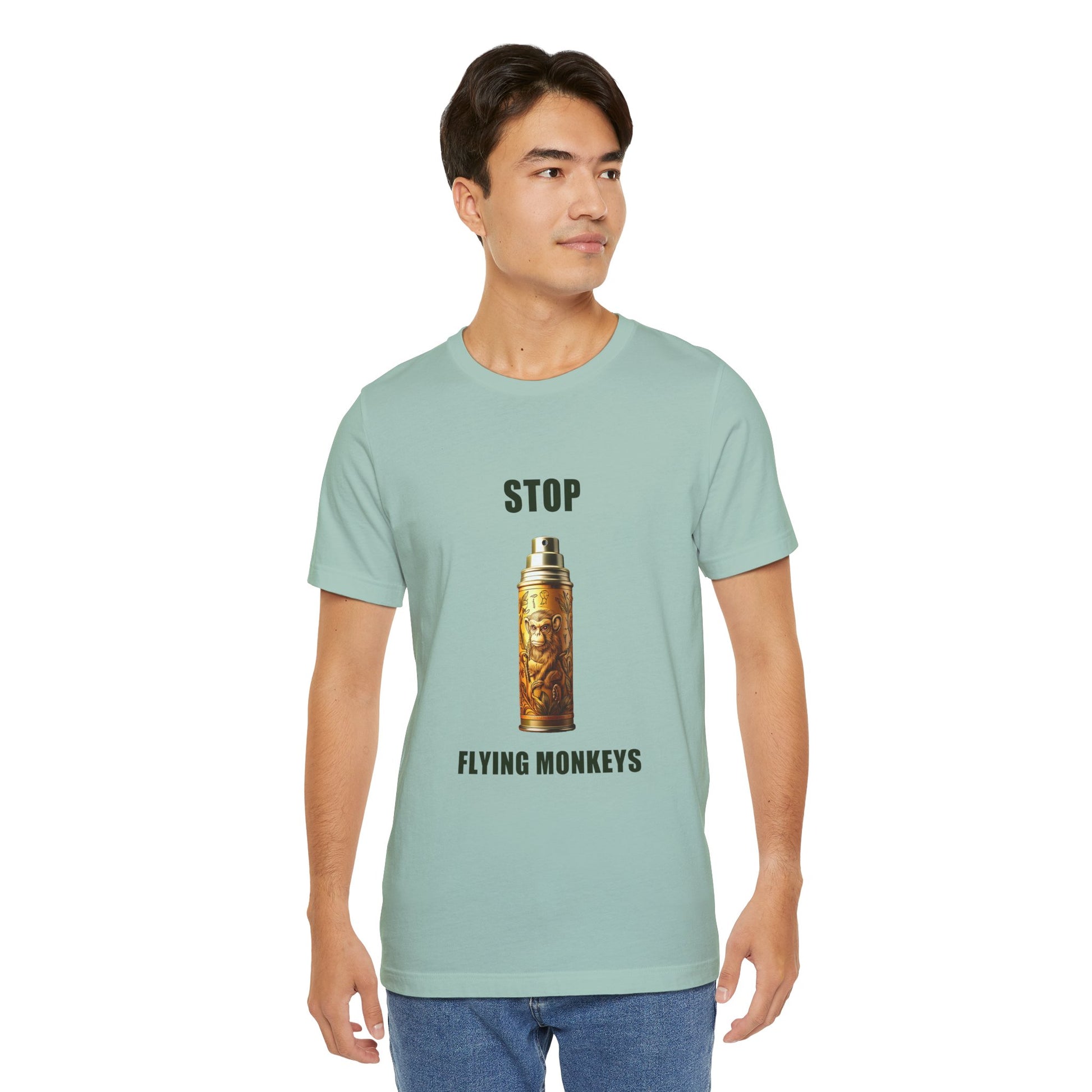 Man wearing green Stop Flying Monkeys T-Shirt Alternate Version casual front view