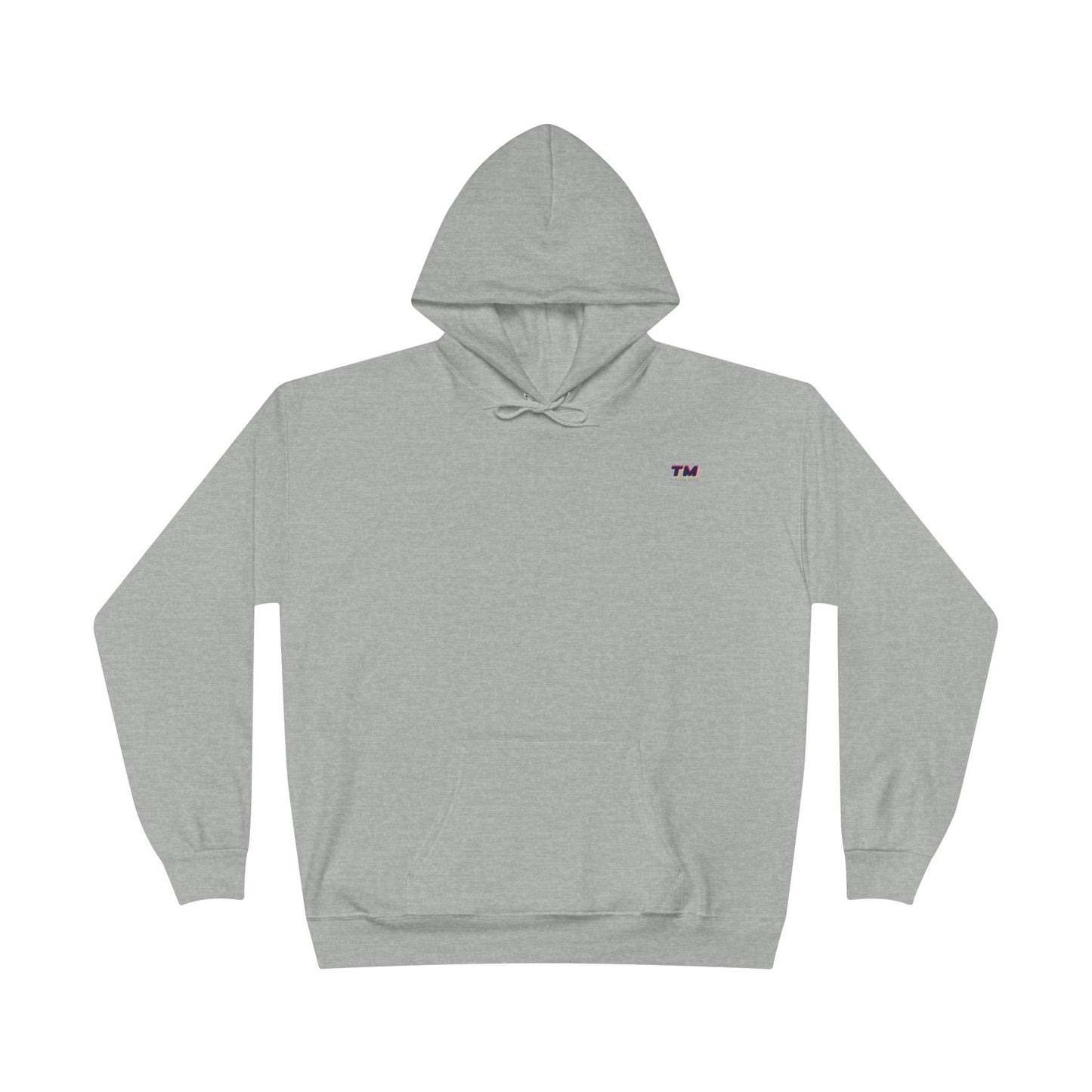 Flat lay of gray EcoSmart hoodie with small embroidered TM logo on chest.
