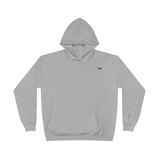 Flat lay of gray EcoSmart hoodie with small embroidered TM logo on chest.