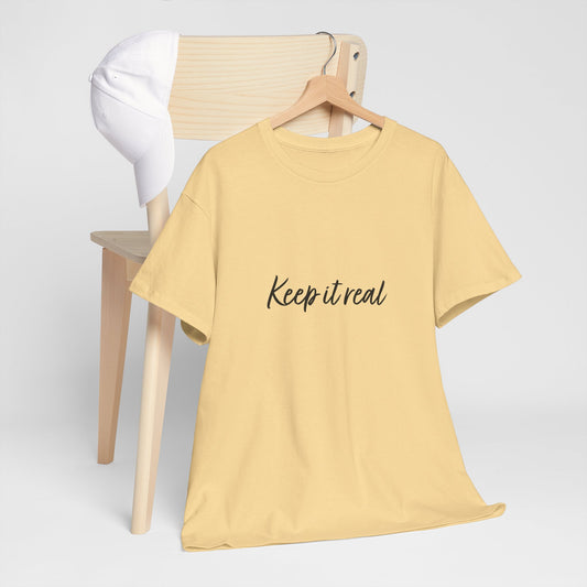 Yellow Keep it real T-Shirt on a wooden hanger