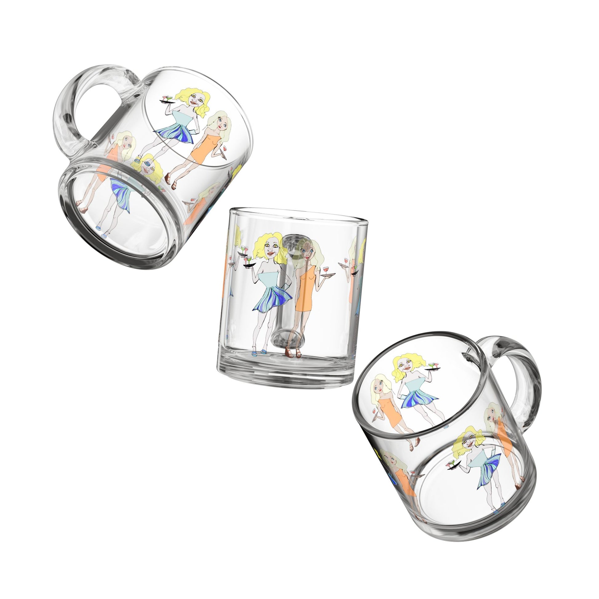 Two waitress glass mugs shown from top and side angles with full graphic design visible.