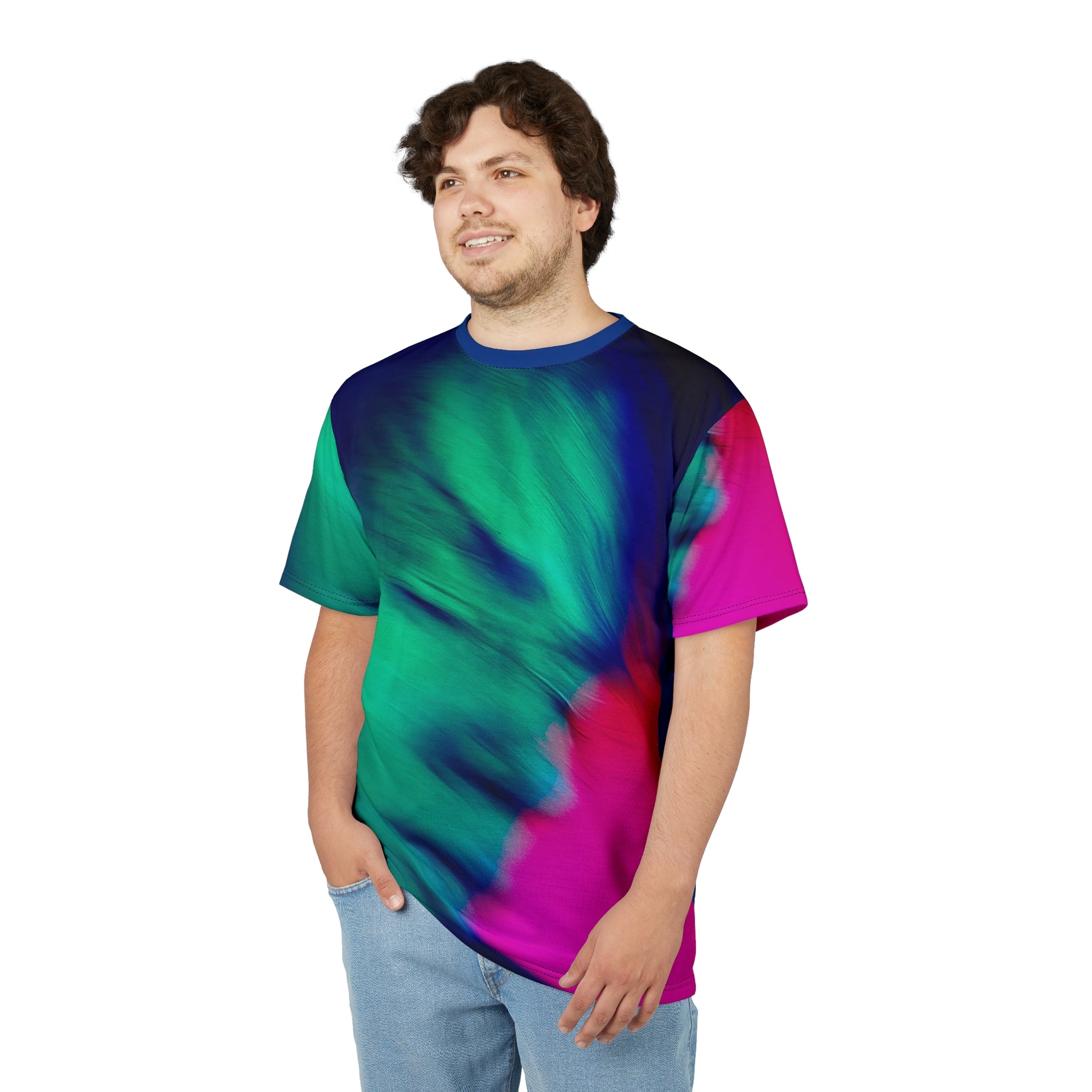 Male model smiling in Acid Dream Unisex T-shirt featuring retro neon green and pink acid artwork