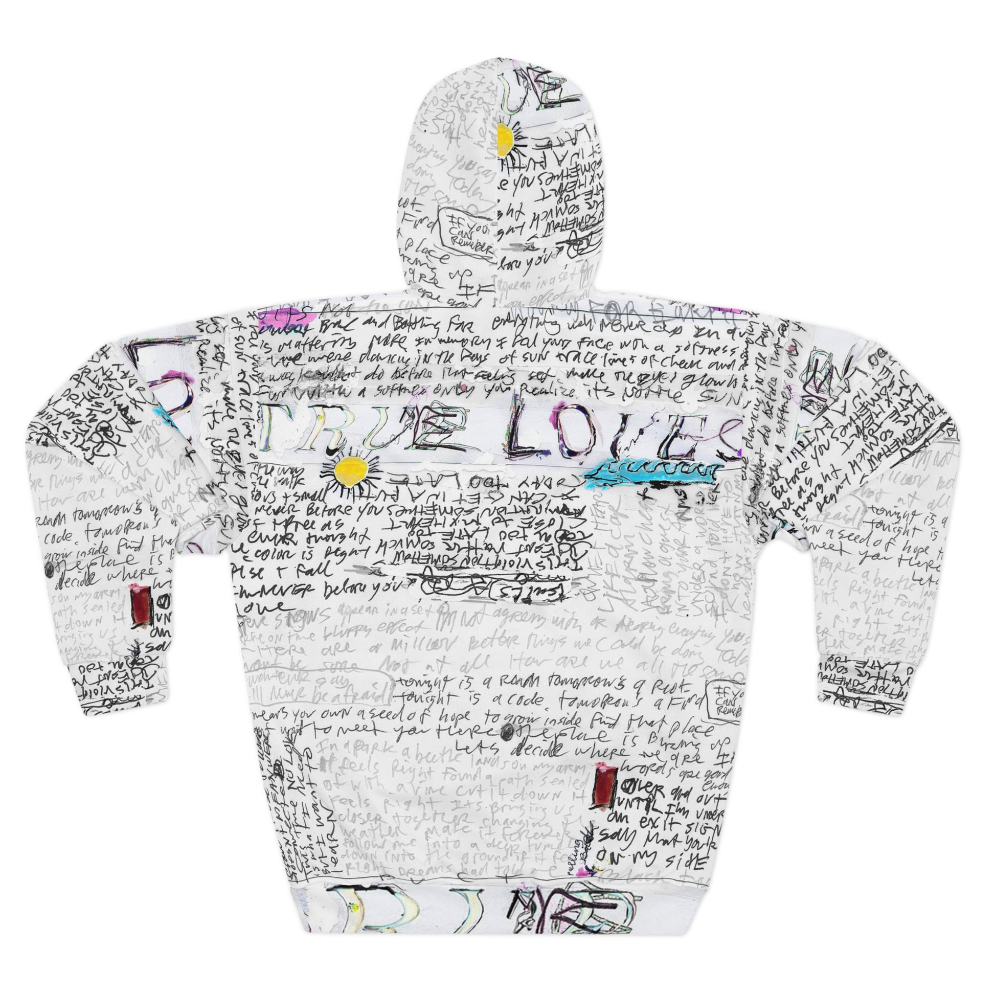 Back view of white unisex hoodie with handwritten text and doodle artwork featuring scattered lyrics and sketches