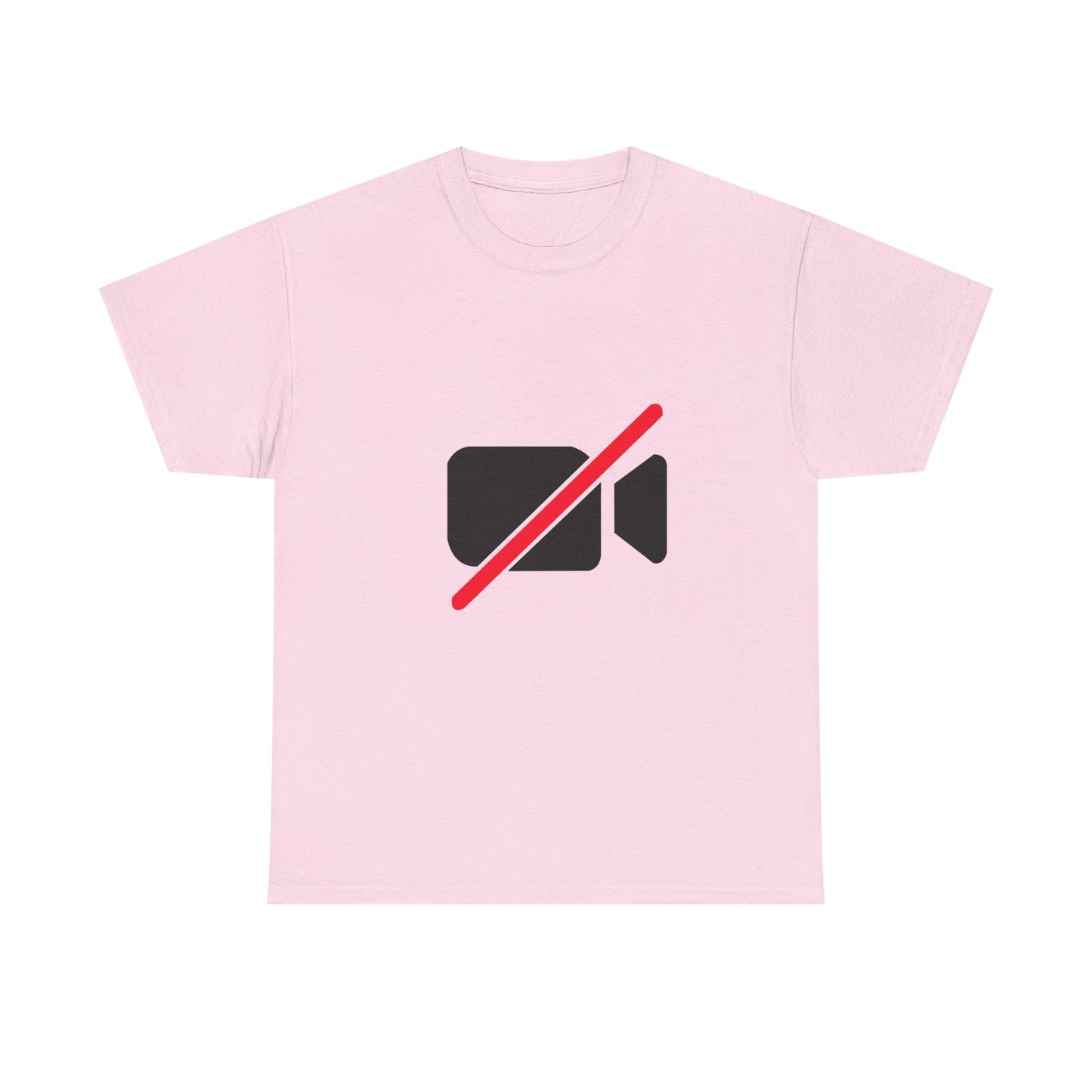 Camera Off unisex T-shirt funny Zoom meeting humor graphic tee with camera off icon design on pink shirt