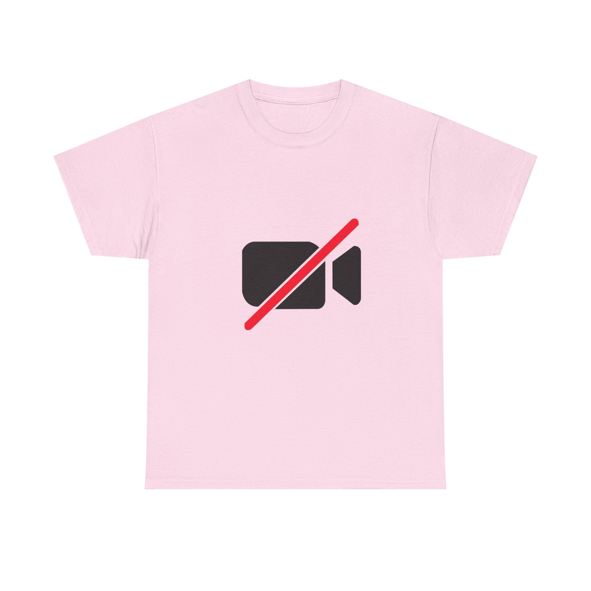 Camera Off unisex T-shirt funny Zoom meeting humor graphic tee with camera off icon design on pink shirt