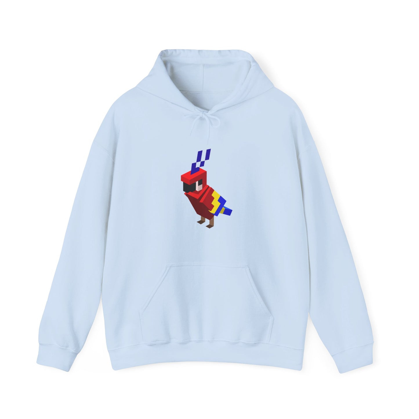 Arcade Parrot Hooded Sweatshirt – Retro Gaming Hoodie in light blue, front view