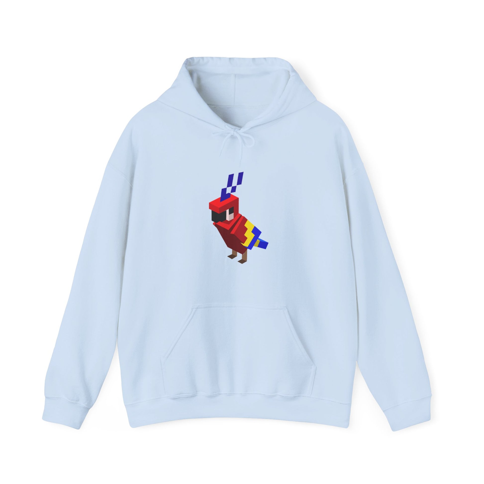 Arcade Parrot Hooded Sweatshirt – Retro Gaming Hoodie in light blue, front view