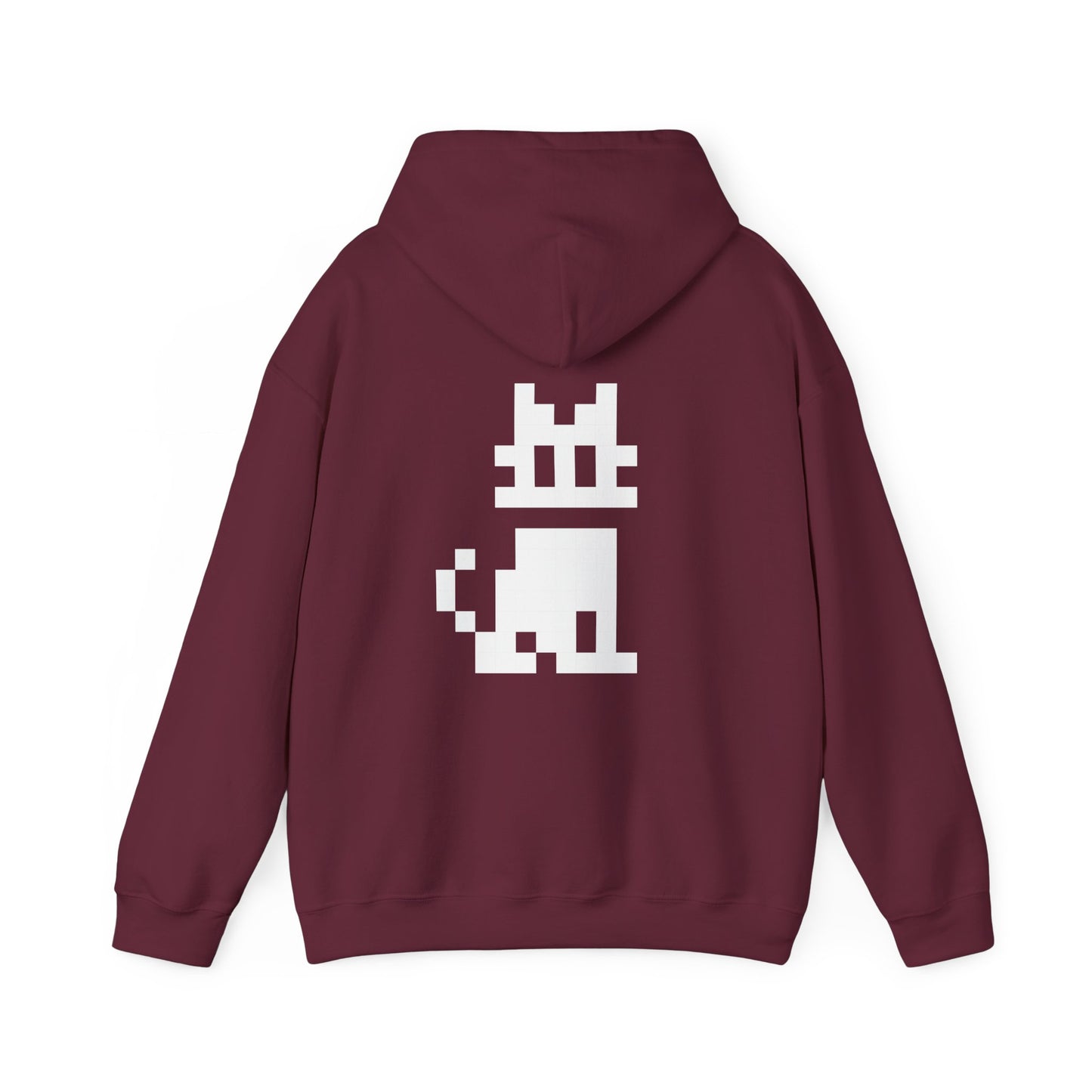 Pixel Cat Unisex Hoodie maroon flat lay with pixel cat graphic on back