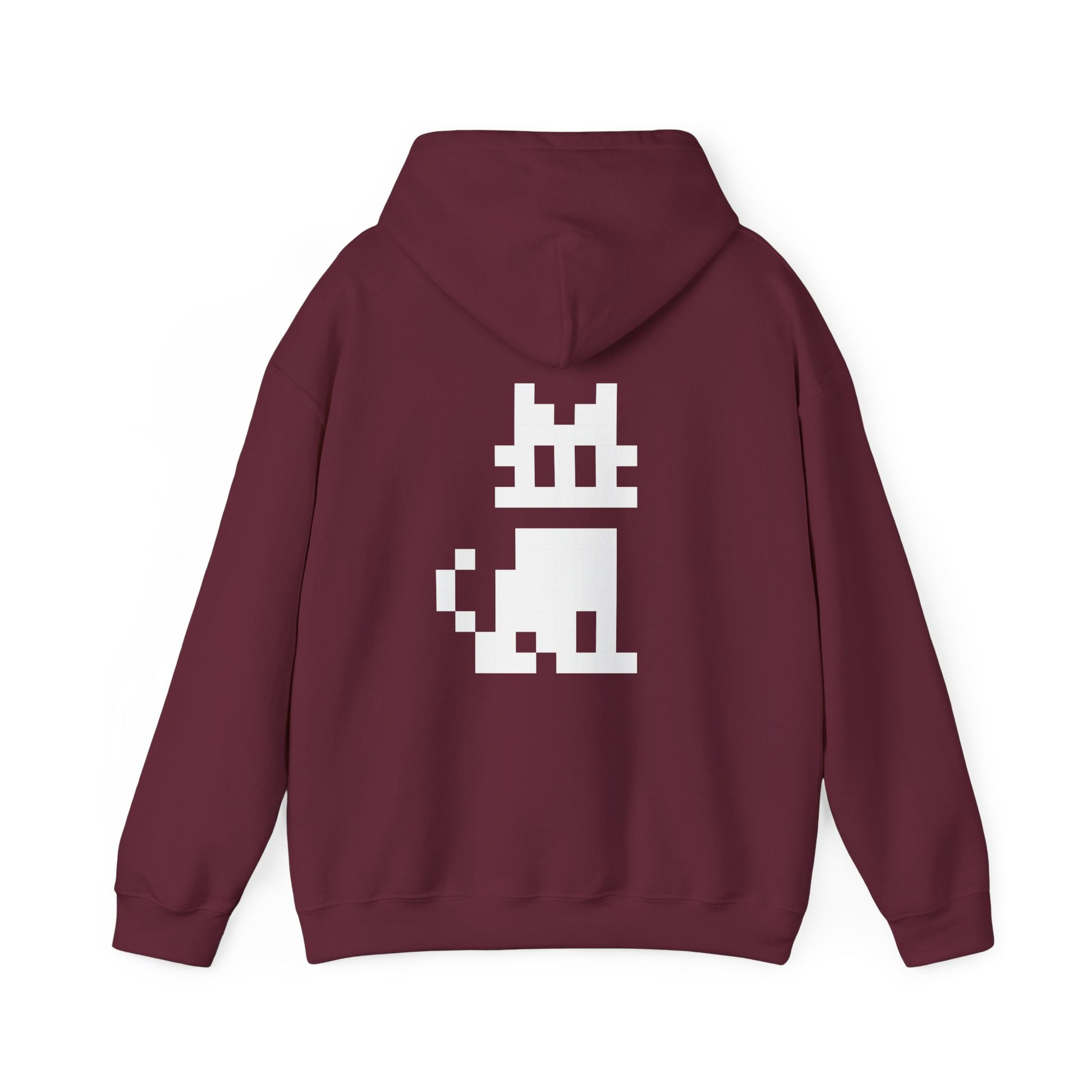 Pixel Cat Unisex Hoodie maroon flat lay with pixel cat graphic on back