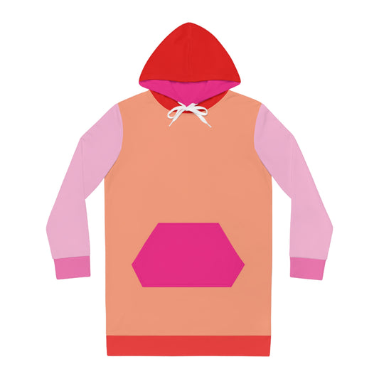 Front view of Pink and Orange Hoodie Dress with red hood and pink pocket