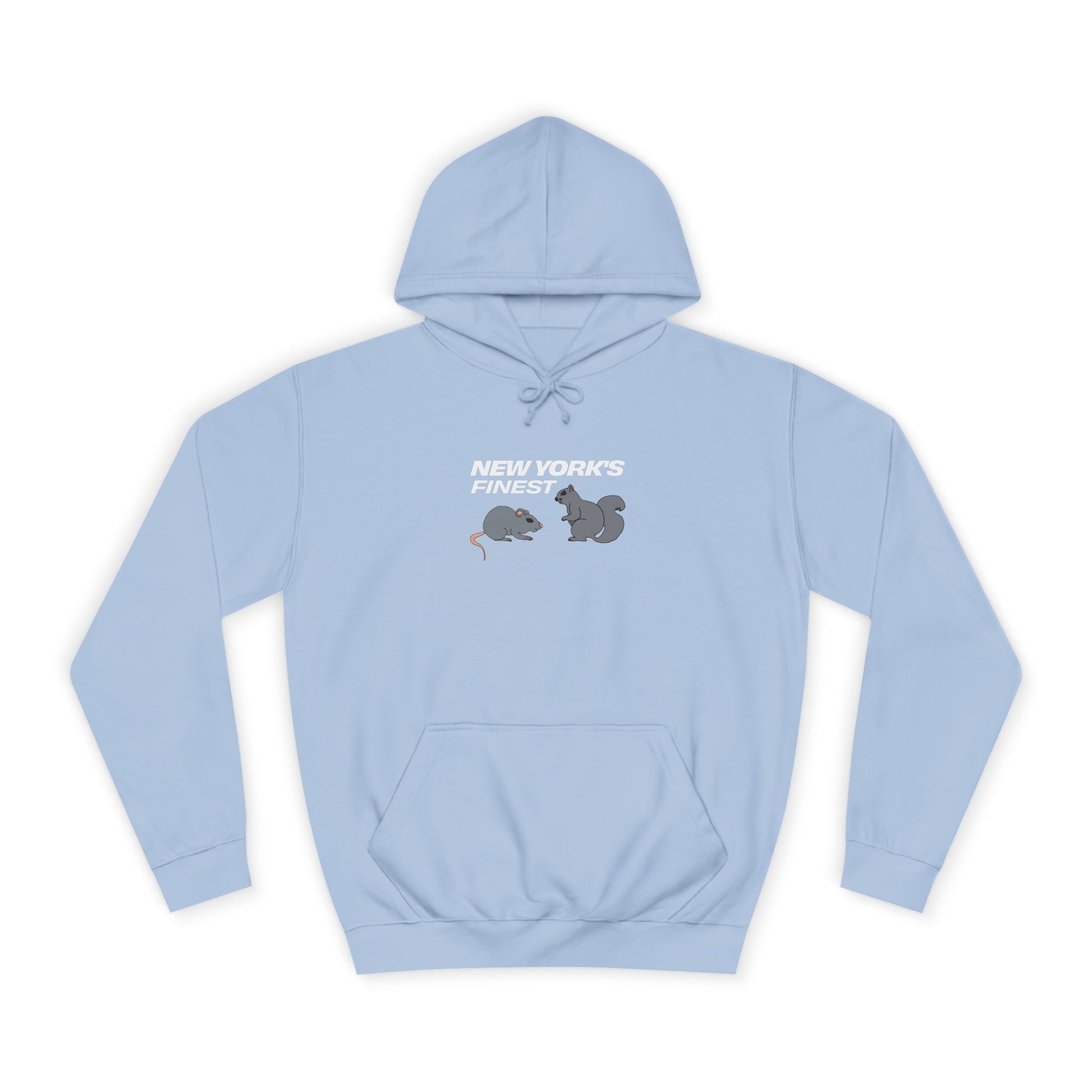 light blue new york hoodie worn by model nyc streetwear front view