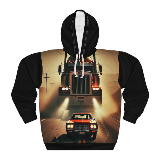 Front view of The Duel Unisex Pullover Hoodie with cinematic truck and car print design