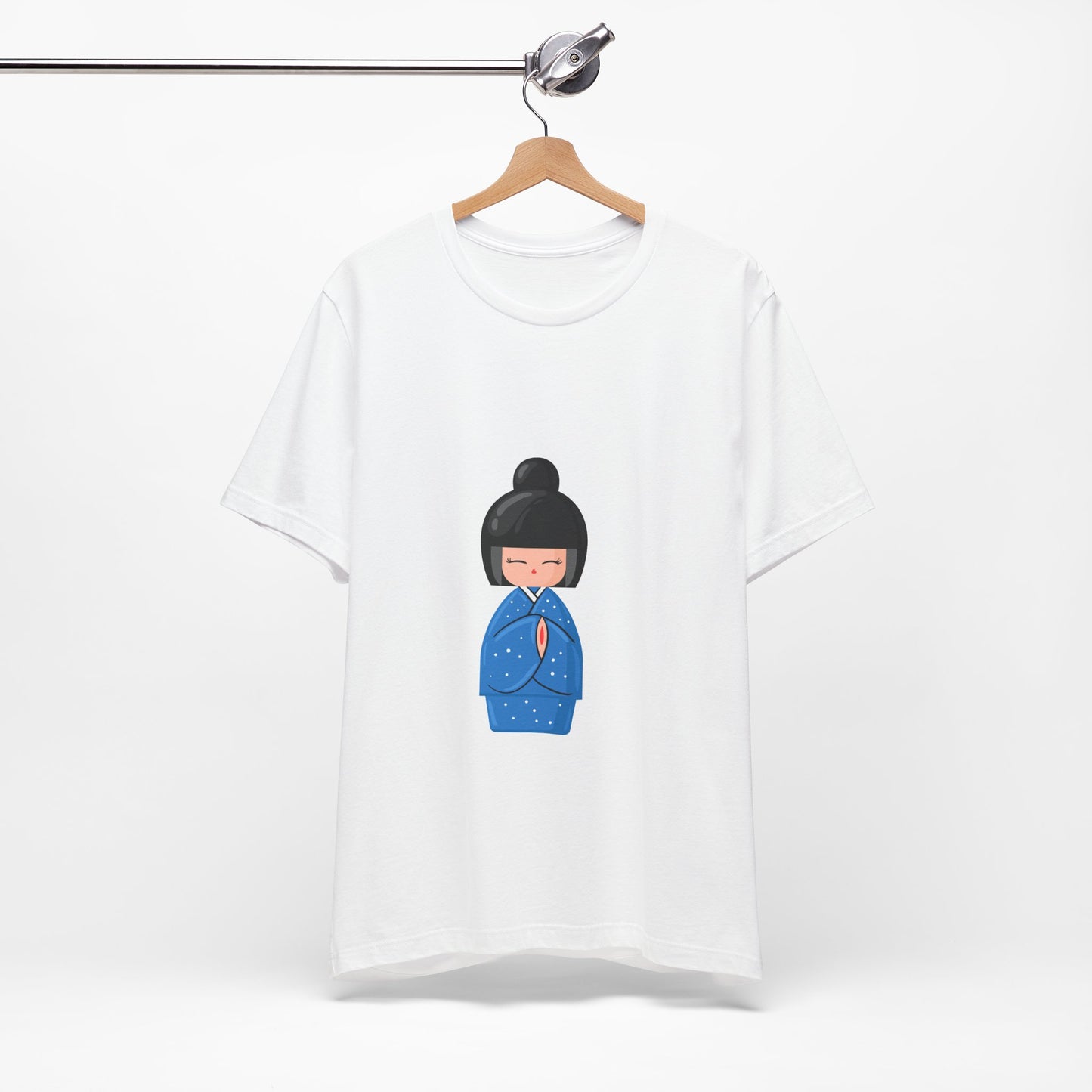 White Geisha Blue T-Shirt on hanger with cultural graphic design