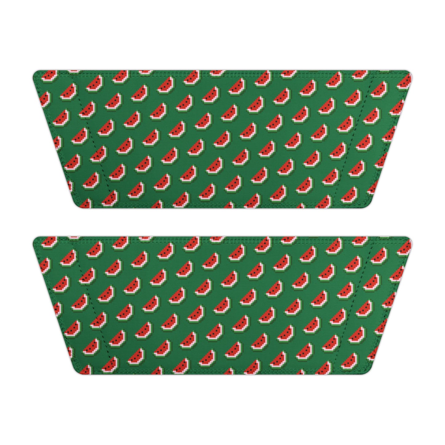Top view of two sandal straps with repeating watermelon pattern on green background.
