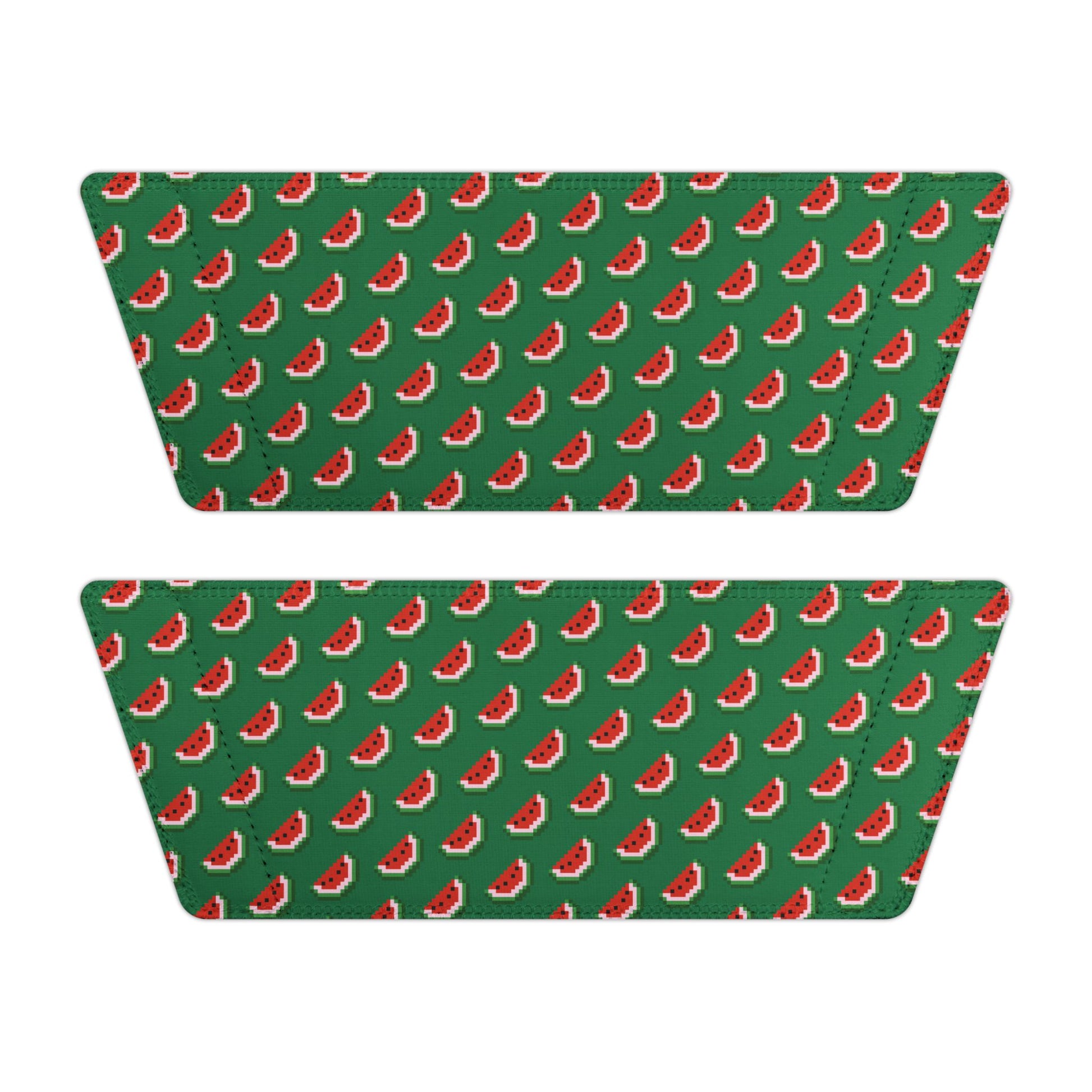Top view of two sandal straps with repeating watermelon pattern on green background.
