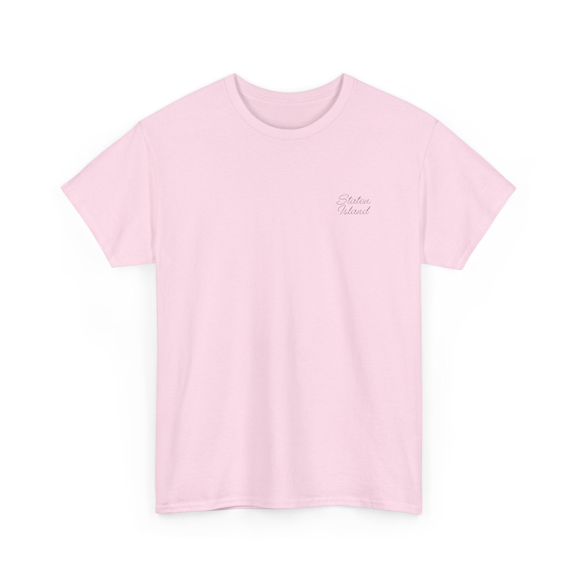 Pink Staten Island T-Shirt flat lay front view.