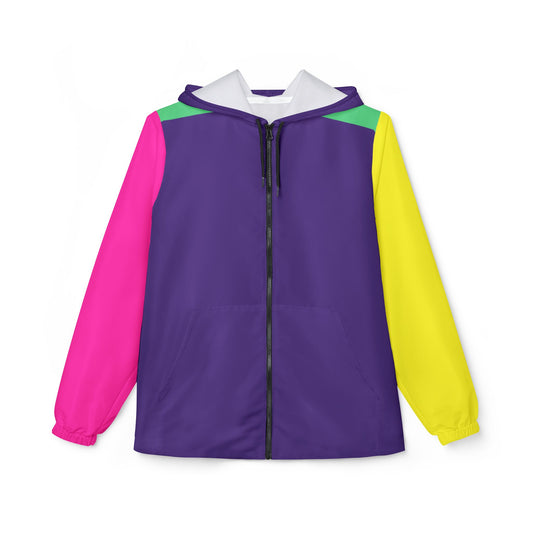 Front view of Retro Colors Windbreaker Jacket with purple body, neon pink left sleeve, yellow right sleeve, and green shoulder accents.