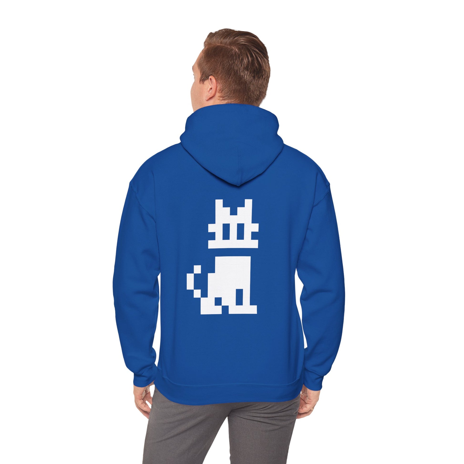 Pixel Cat Unisex Hoodie blue back view worn by model