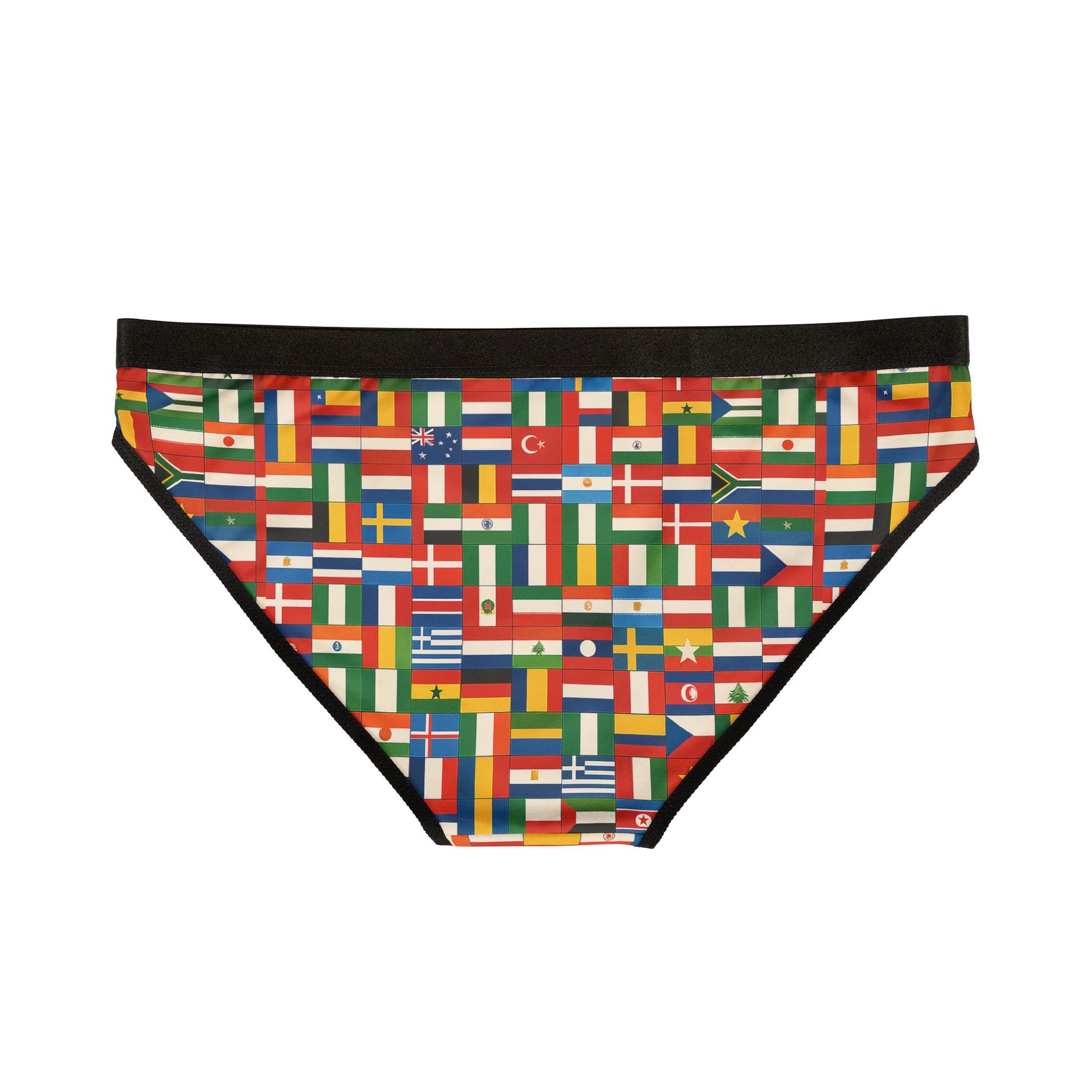 United Nations Panties back view flat lay showing vibrant international flag pattern and black waistband