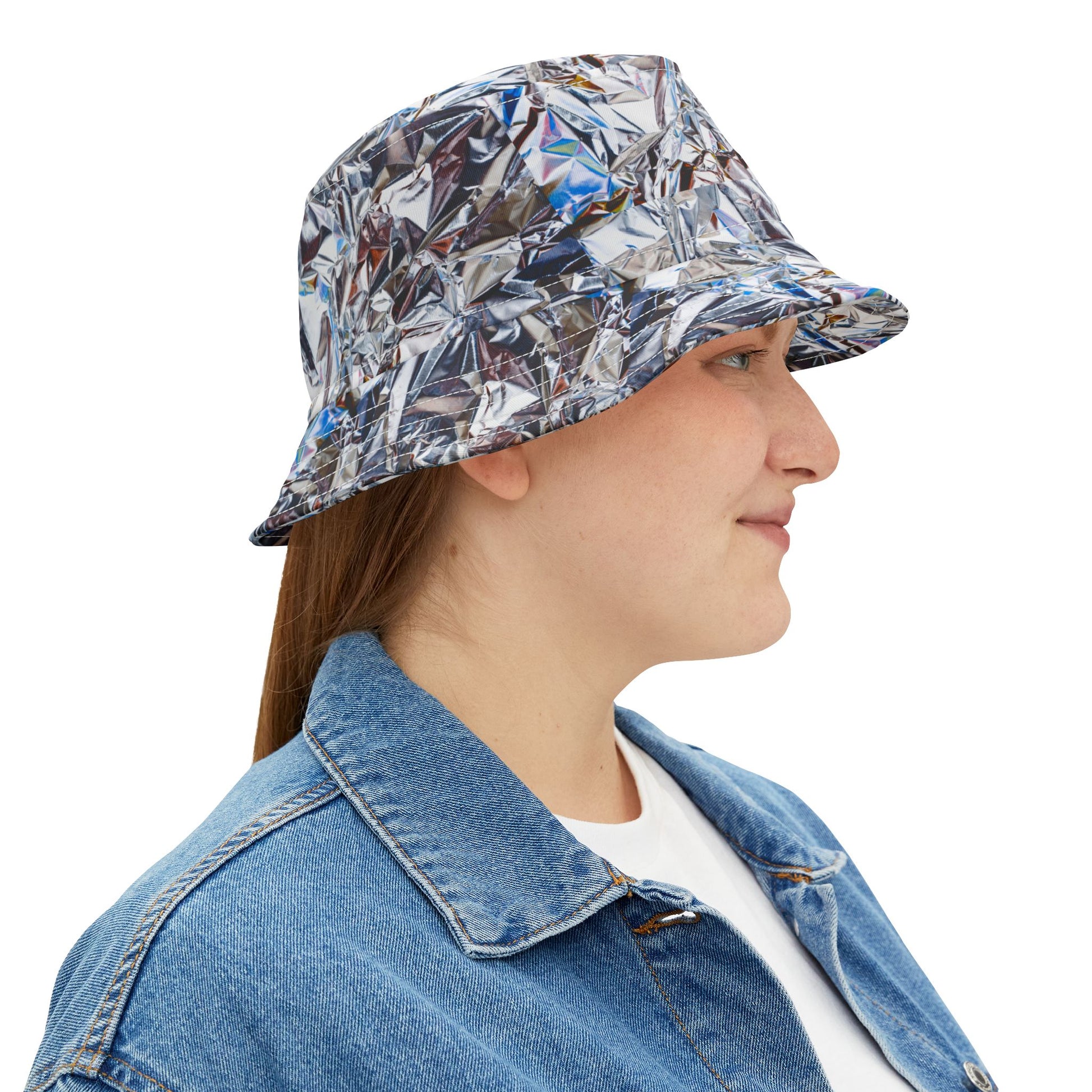 Woman wearing Tinfoil Bucket Hat side profile view in denim jacket