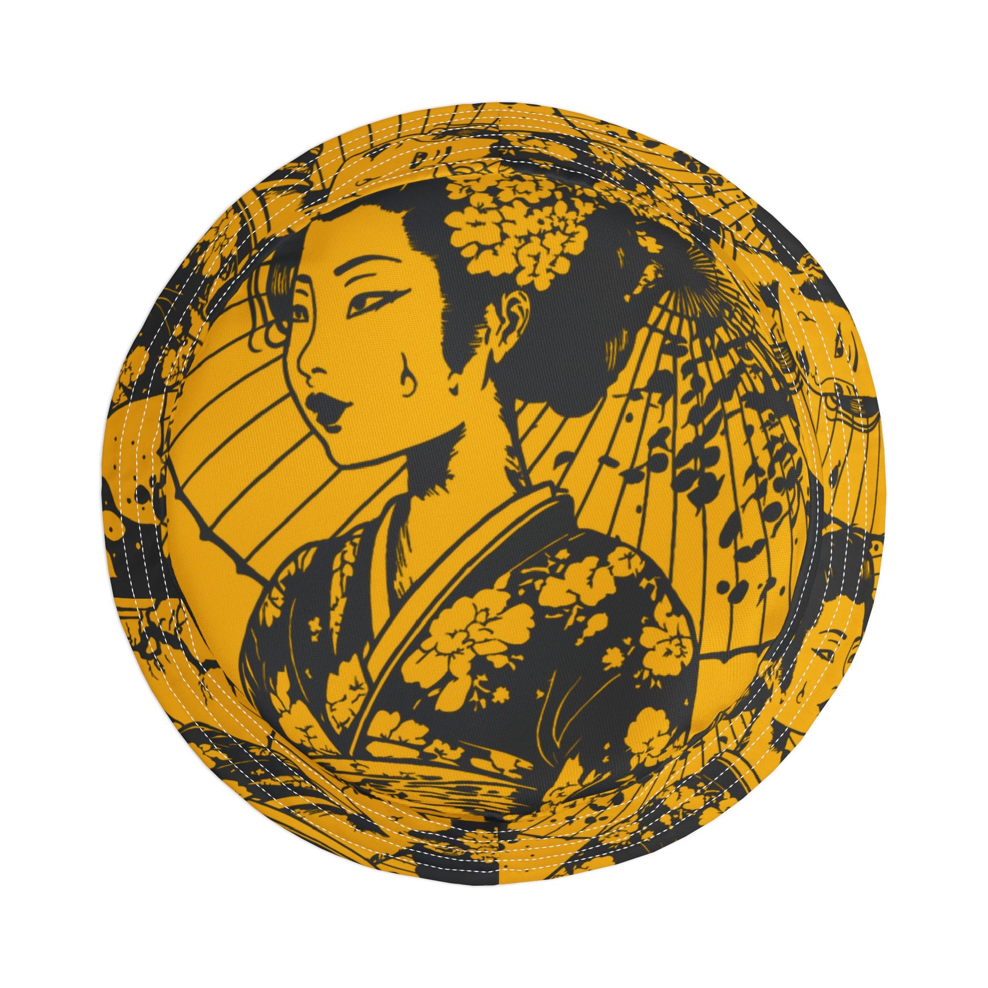 Top view of Geisha Bucket Hat highlighting circular geisha print