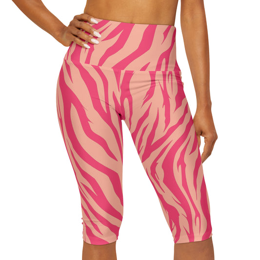 Model wearing Pink Stripes Capri Leggings with bold zebra stripe design