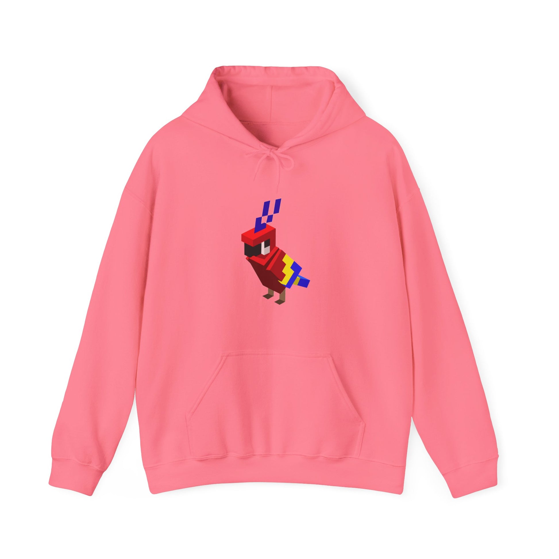Arcade Parrot Hooded Sweatshirt – Retro Gaming Hoodie in pink, front view